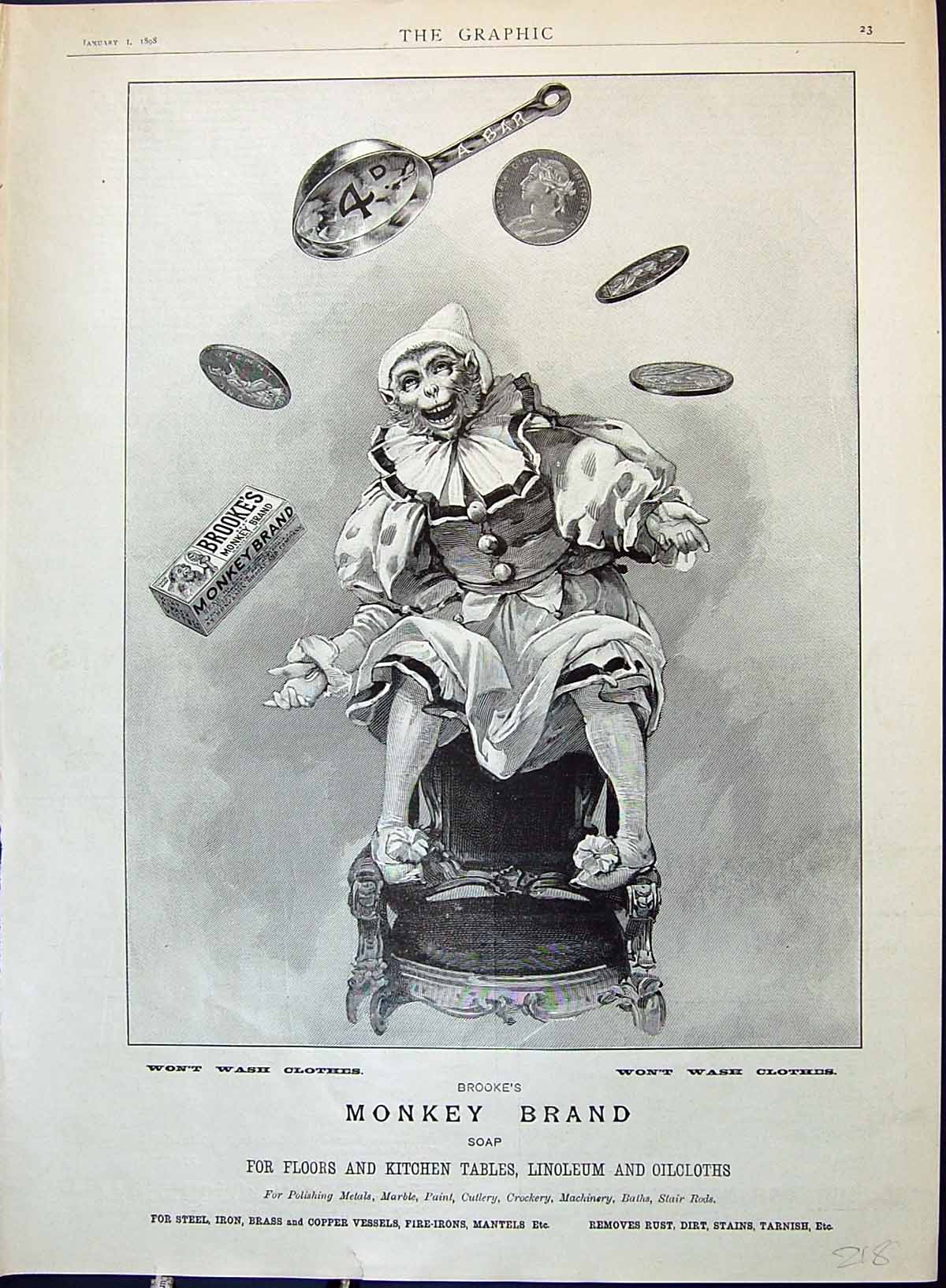 Antique Old Print 1898 Brooke'S Monkey Brand Soap Juggling Pots Money Coins