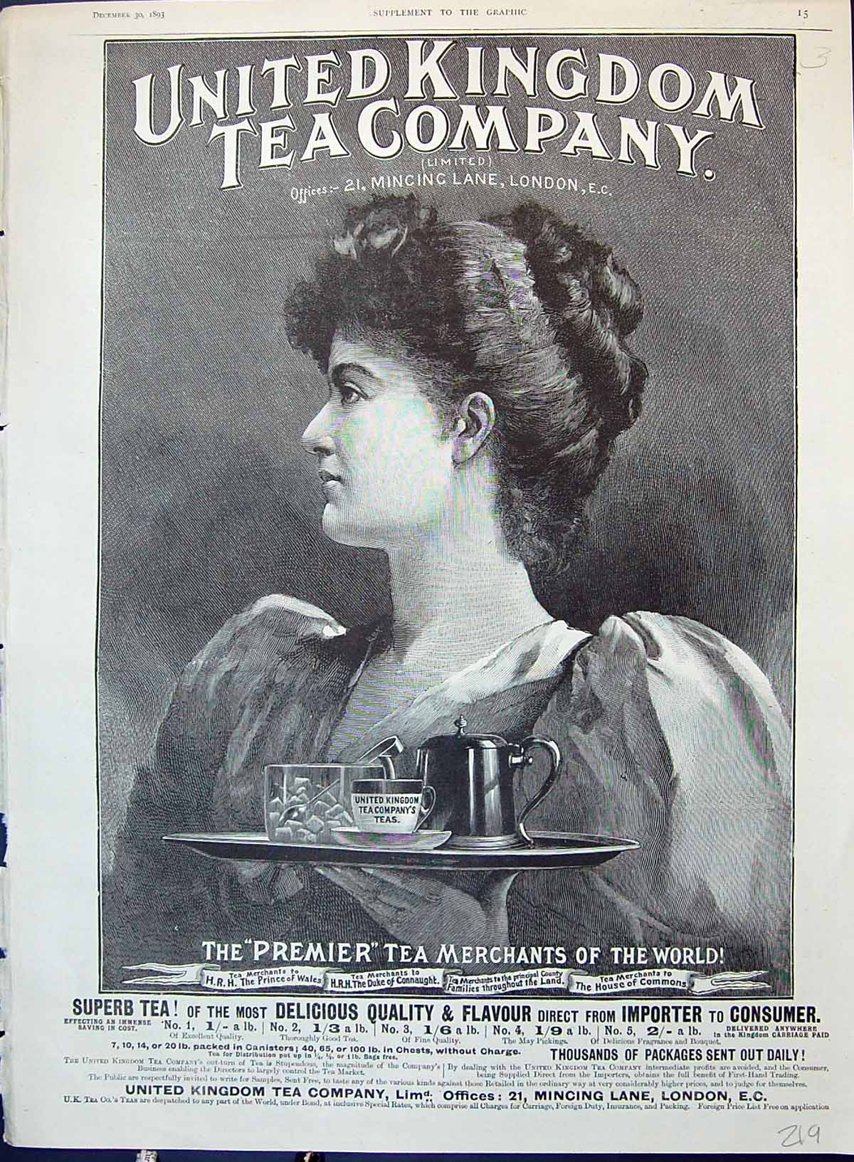 Old Advertisement 1893 United Kingdom Tea Company Premier Merchant Wo Victorian