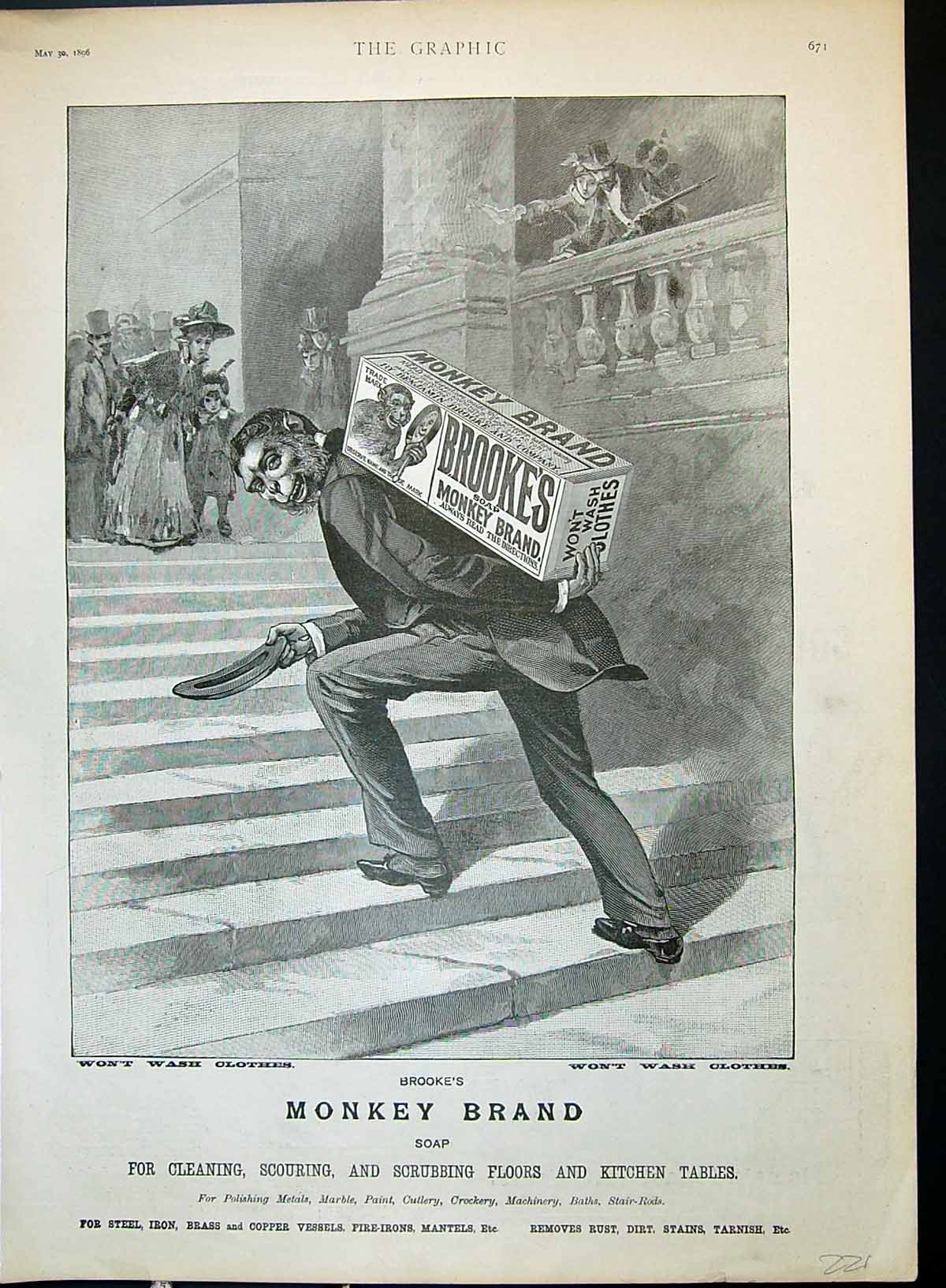 Antique Old Print 1896 Brooke'S Monkey Brand Soap Cleaning Scouring Scrubbing