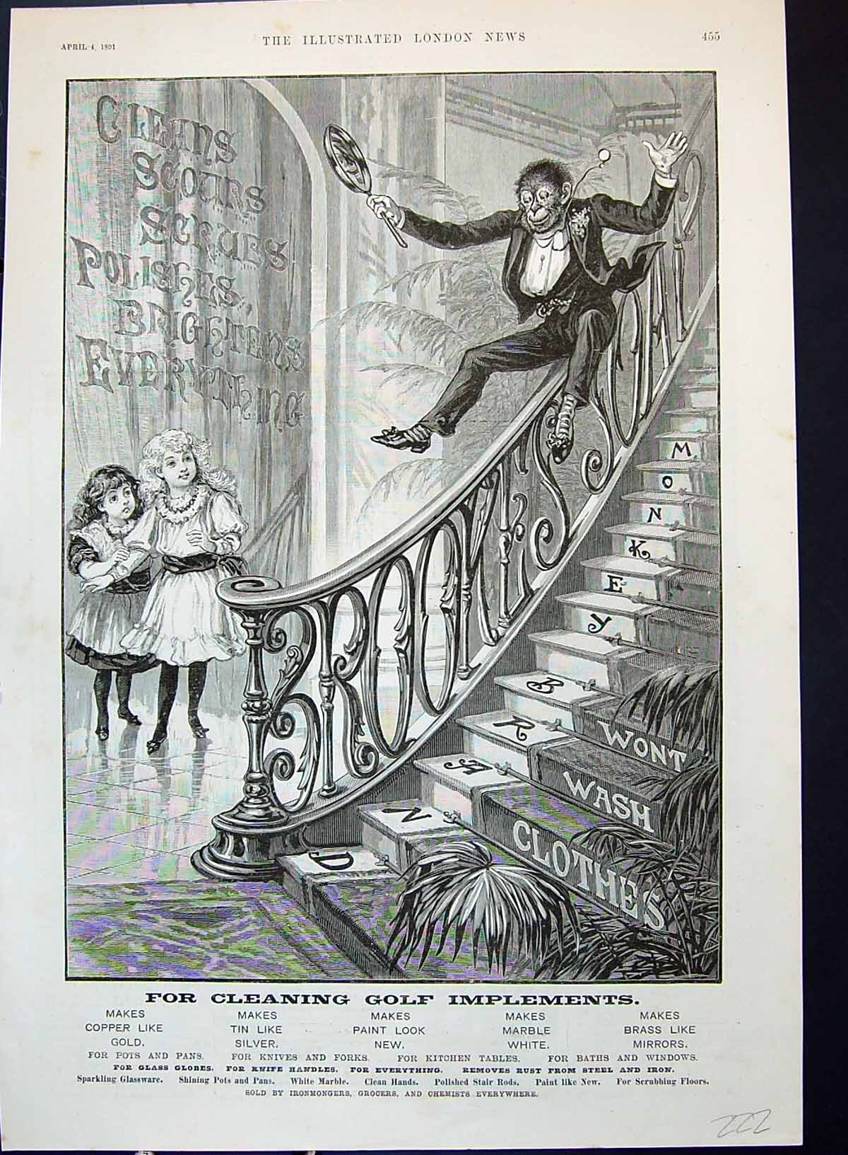 Antique Print 1891 Brooke'S Monkey Brand Soap Children Sliding Down Stairs 19th