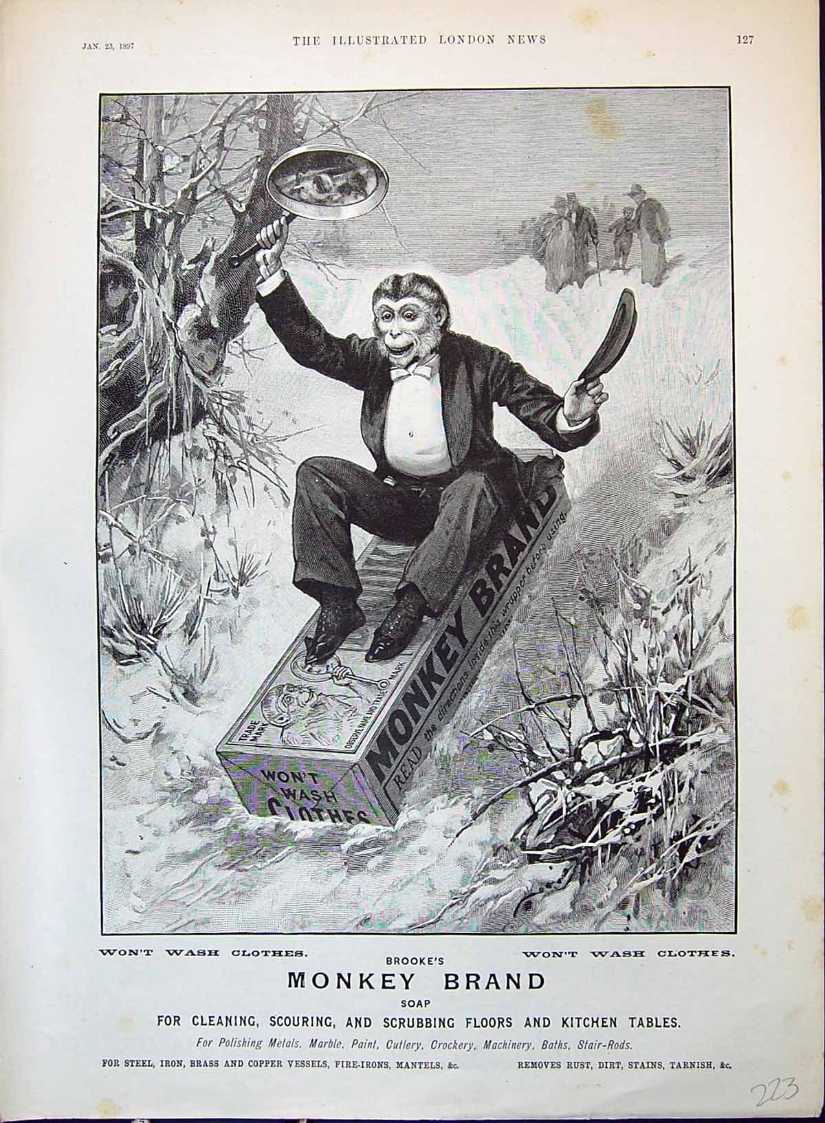 Old Advertisement 1897 Brooke'S Monkey Brand Soap Box Snow Frying Pan Victorian