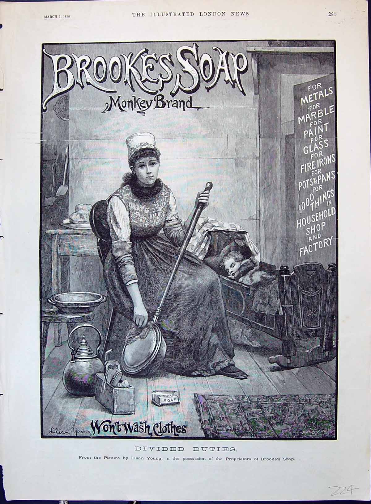 Old Print Brooke'S Monkey Brand Soap Lady Polishing Bed Pan Baby Cot 1890 19th