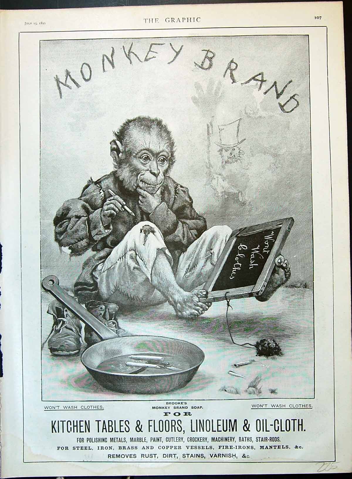 Old Advertisement 1899 Brooke'S Monkey Brand Soap Chalk Board Frying Victorian