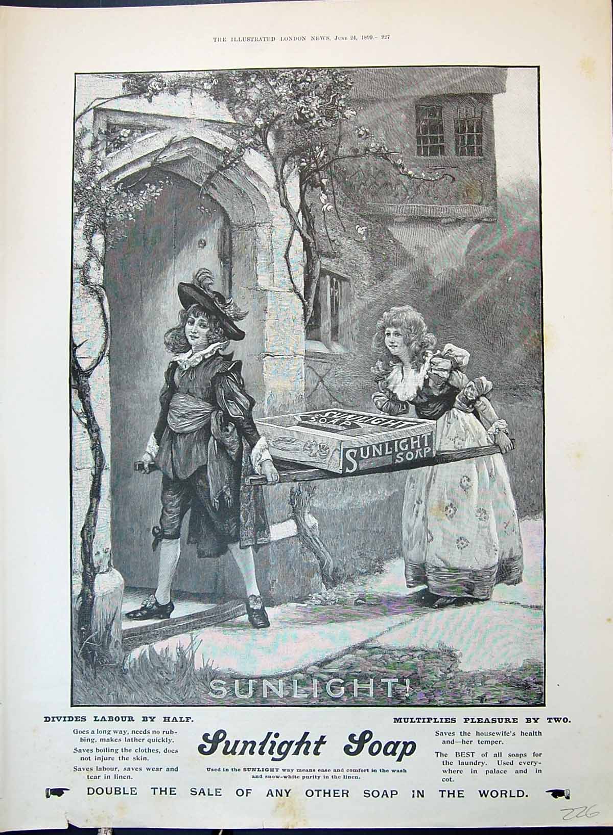 Old Antique Print Advertisement 1899 Sunlight Soap Children Carrying Box 19th
