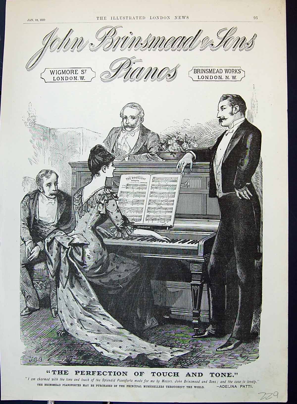Antique Old Print 1889 John Brinsmead Sons Piano Lady Music Wigmore London 19th