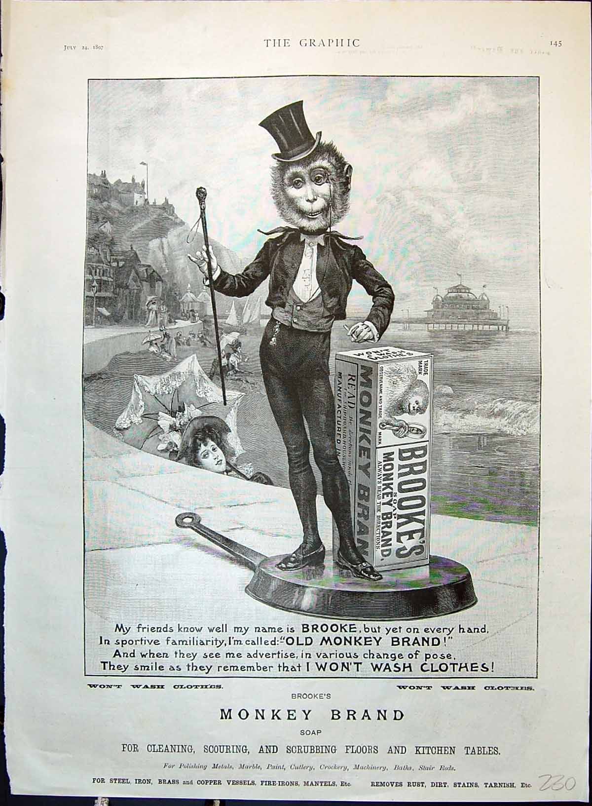 Old Advertisement 1897 Brooke'S Monkey Brand Soap Beach Seaside Scene Victorian