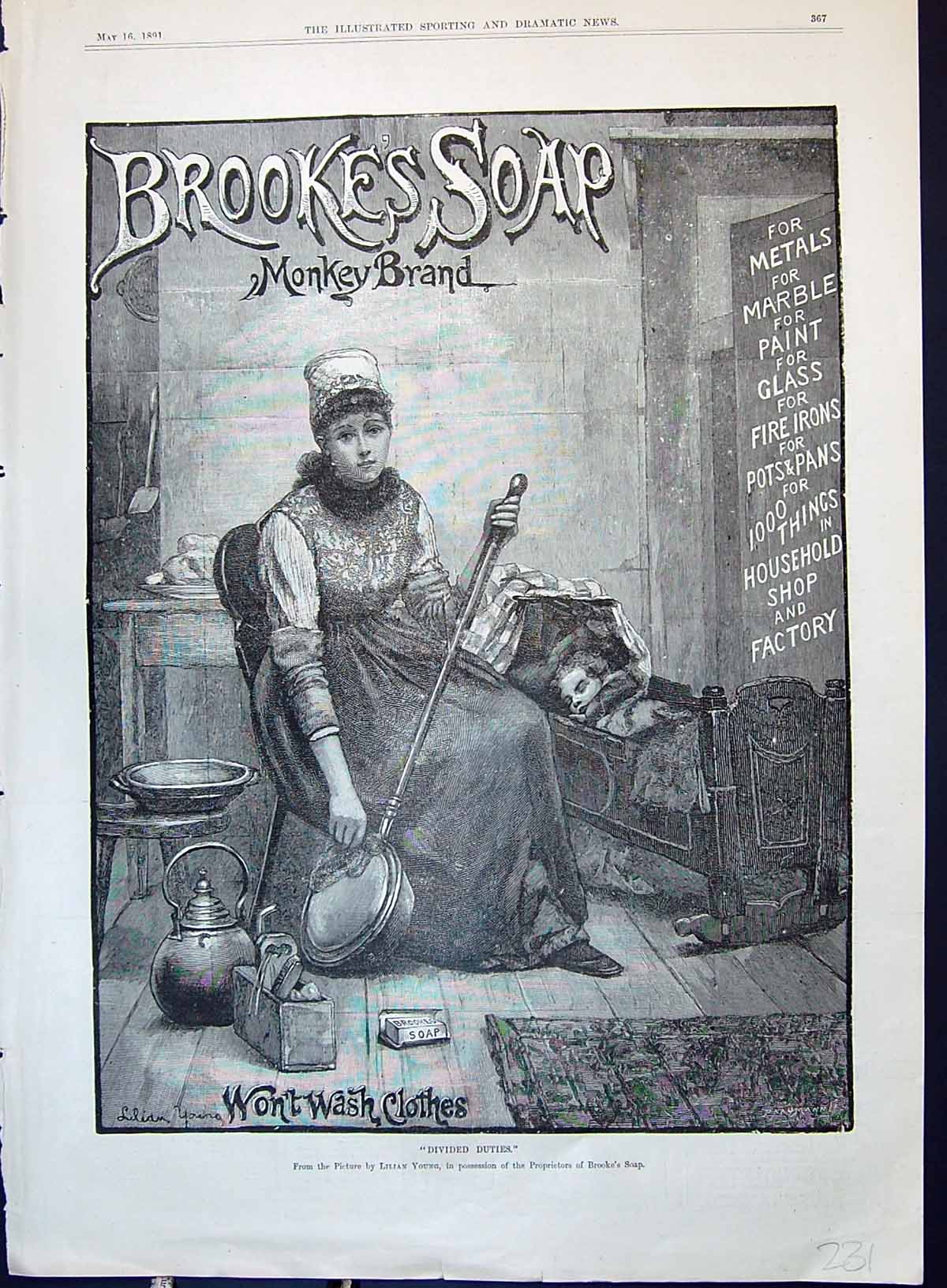 Old Advertisement 1891 Brooke'S Monkey Brand Soap Woman Cleaning Bed Victorian