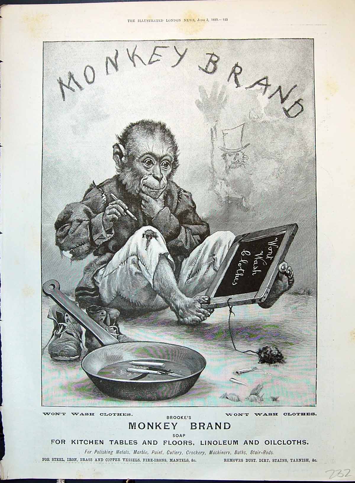 Antique Print Brooke'S Monkey Brand Soap Chalk Board School Frying Pan 1899