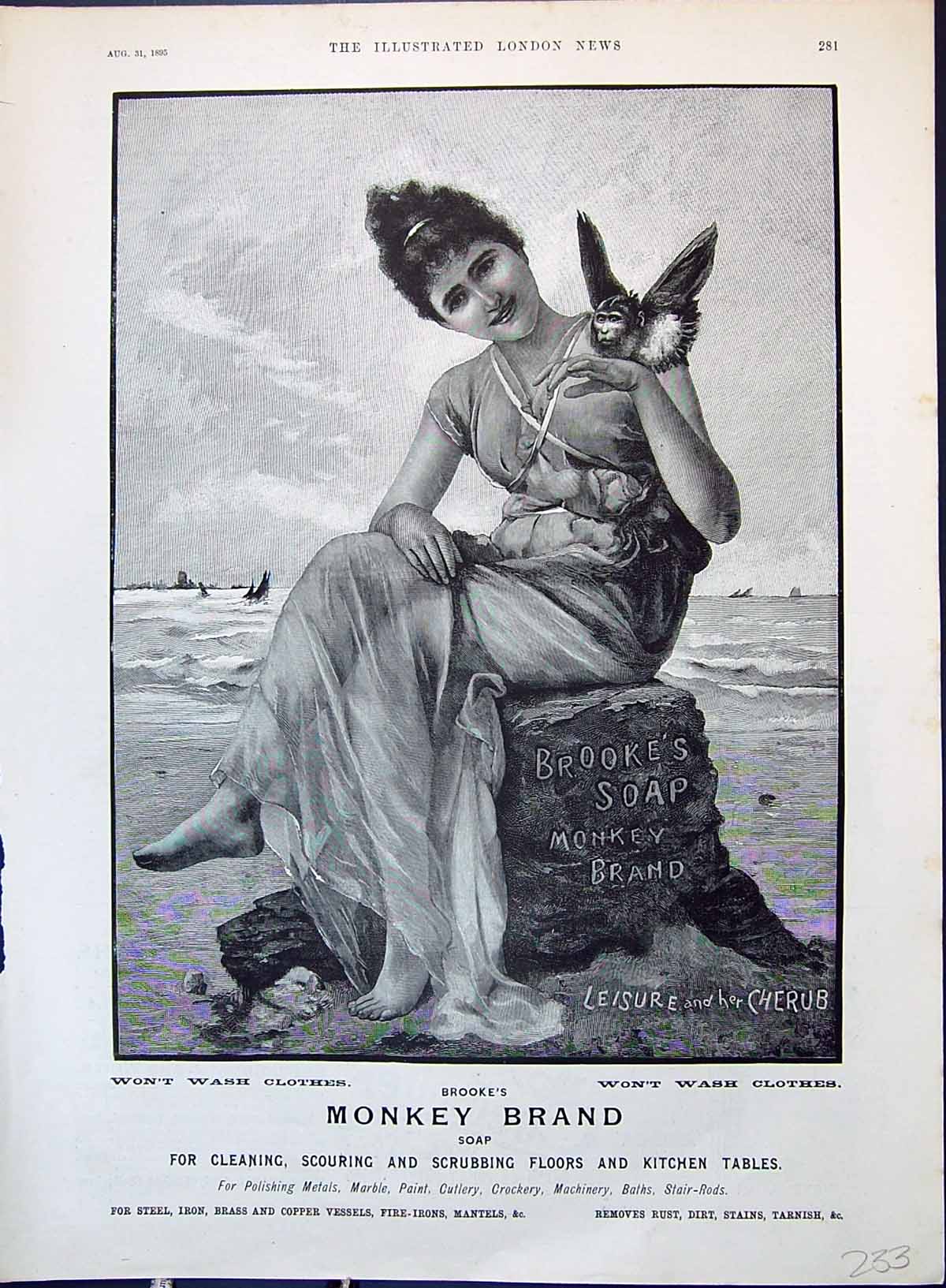 Antique Old Print 1895 Brooke'S Monkey Brand Soap Leisure Cherub Beach Scene