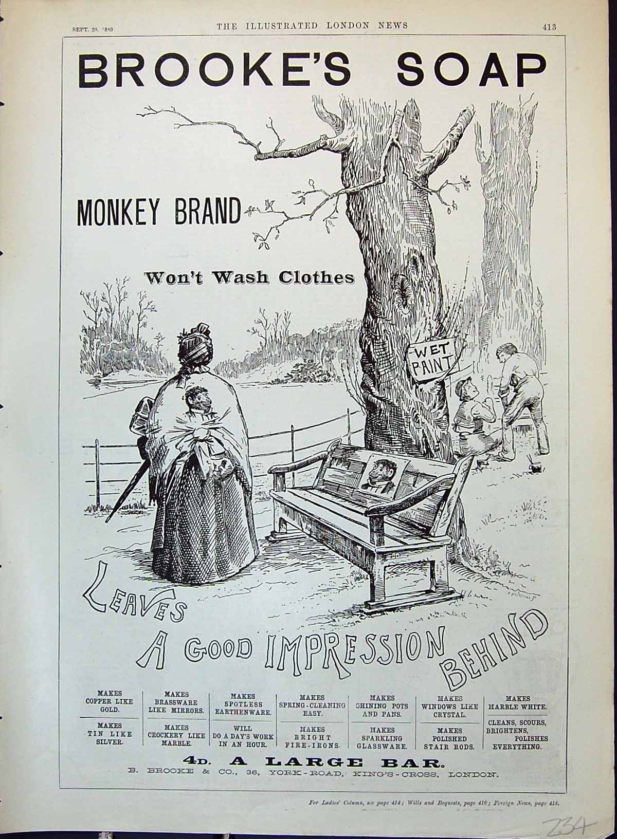 Antique Print 1889 Brooke'S Monkey Brand Soap Lady Umbrella Painting Bench 19th