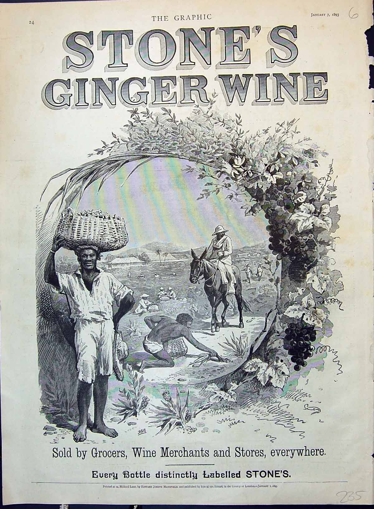 Old Print Advertisement 1893 Stone'S Ginger Wine Native Men Africa Grapes 19th