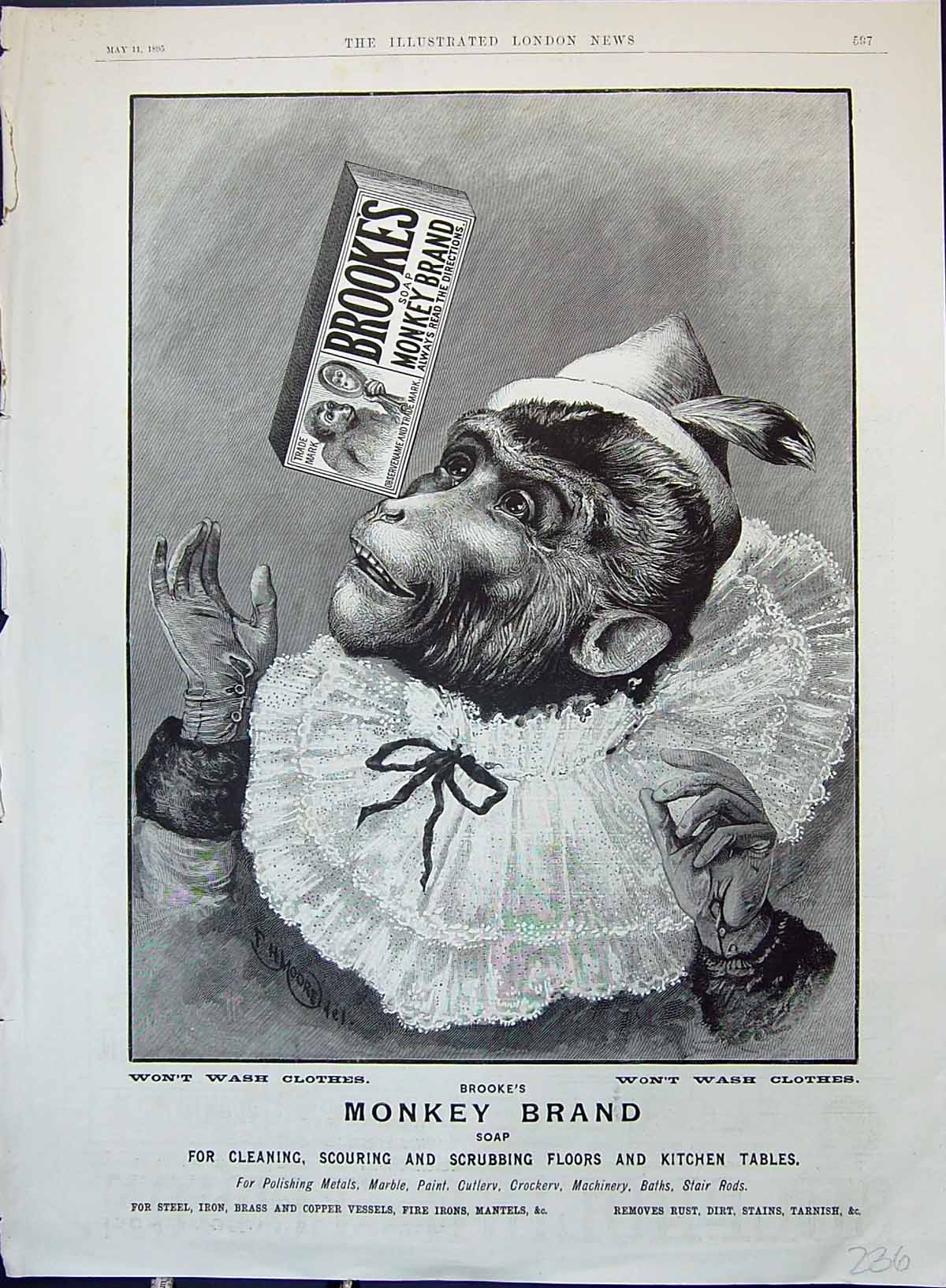 Antique Print 1895 Brooke'S Monkey Brand Soap Lace Collar Box Advertisement