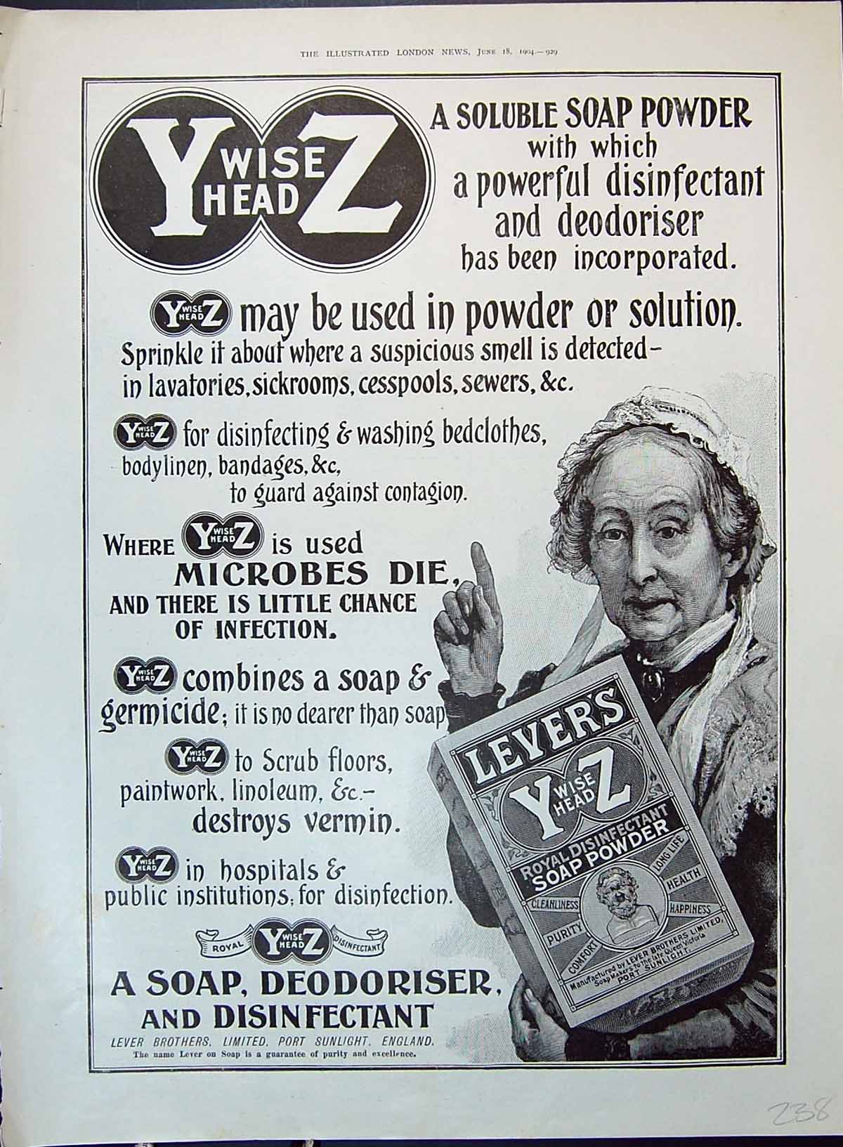 Antique Old Print 1904 Levers Royal Soap Disinfectant Powder Port Sunlight 20th