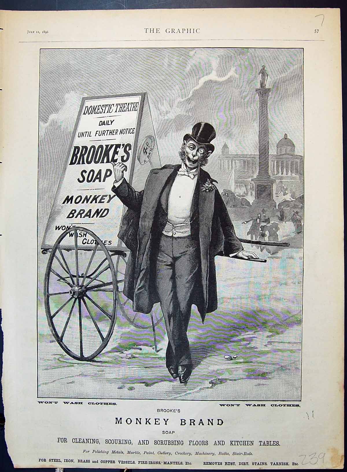 Old Advertisement 1896 Brooke'S Monkey Brand Soap Domestic Theatre Bo Victorian