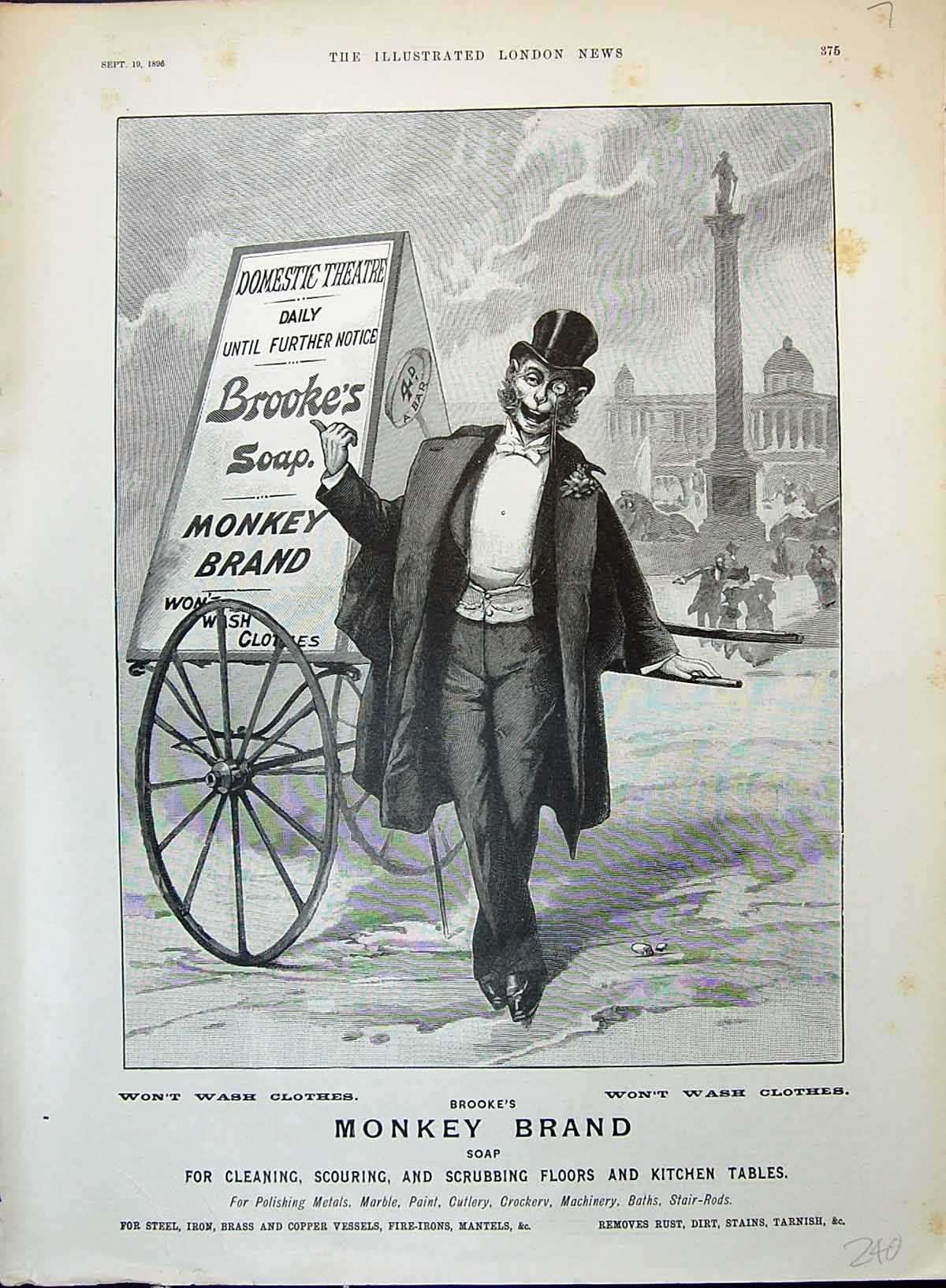 Antique Print 1896 Brooke'S Monkey Brand Soap Domestic Theatre Wheel-Barrow