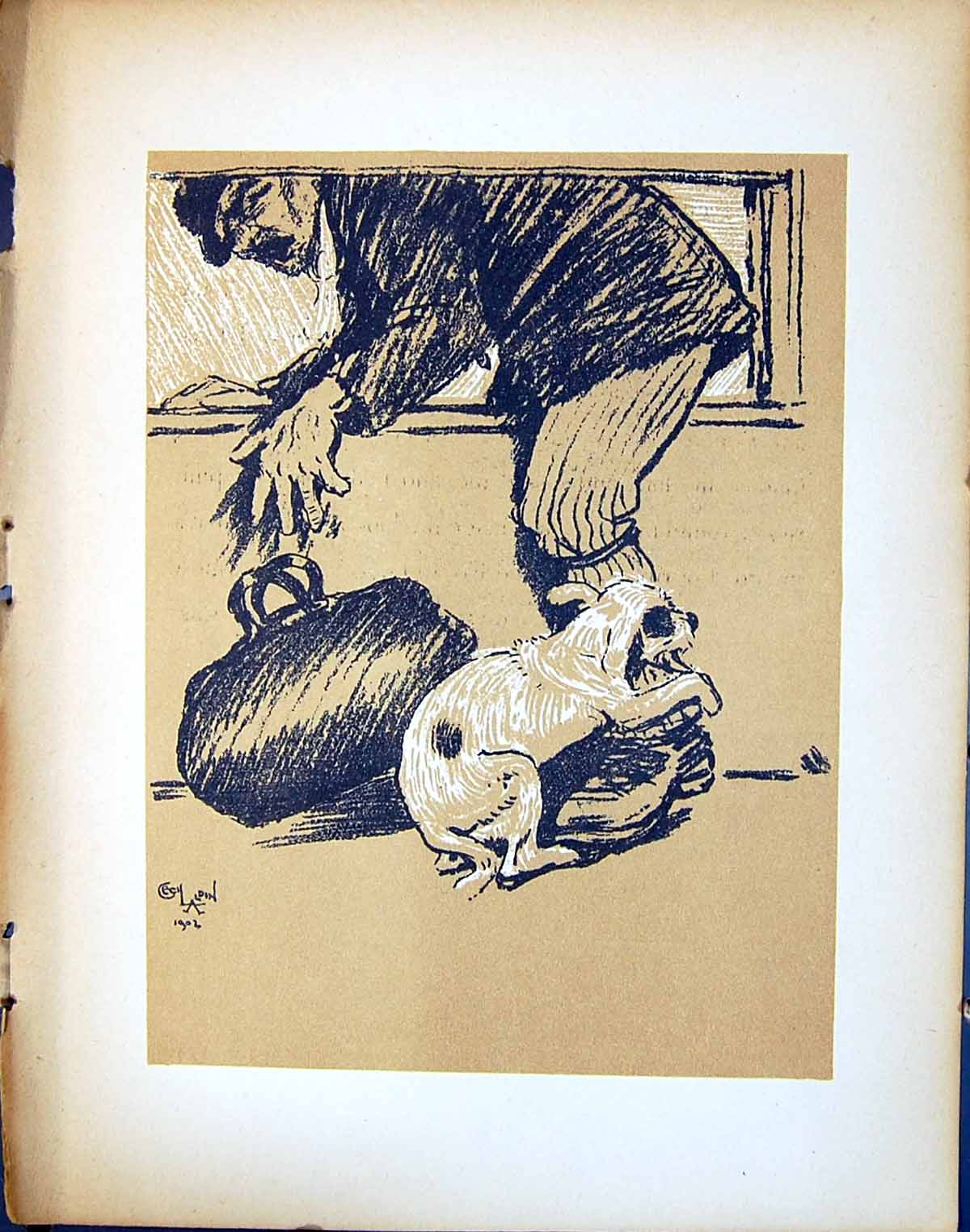 Antique Old Print Dog Day Cecil Aldin Pet Animal 1902 Man Biting Leg Comedy