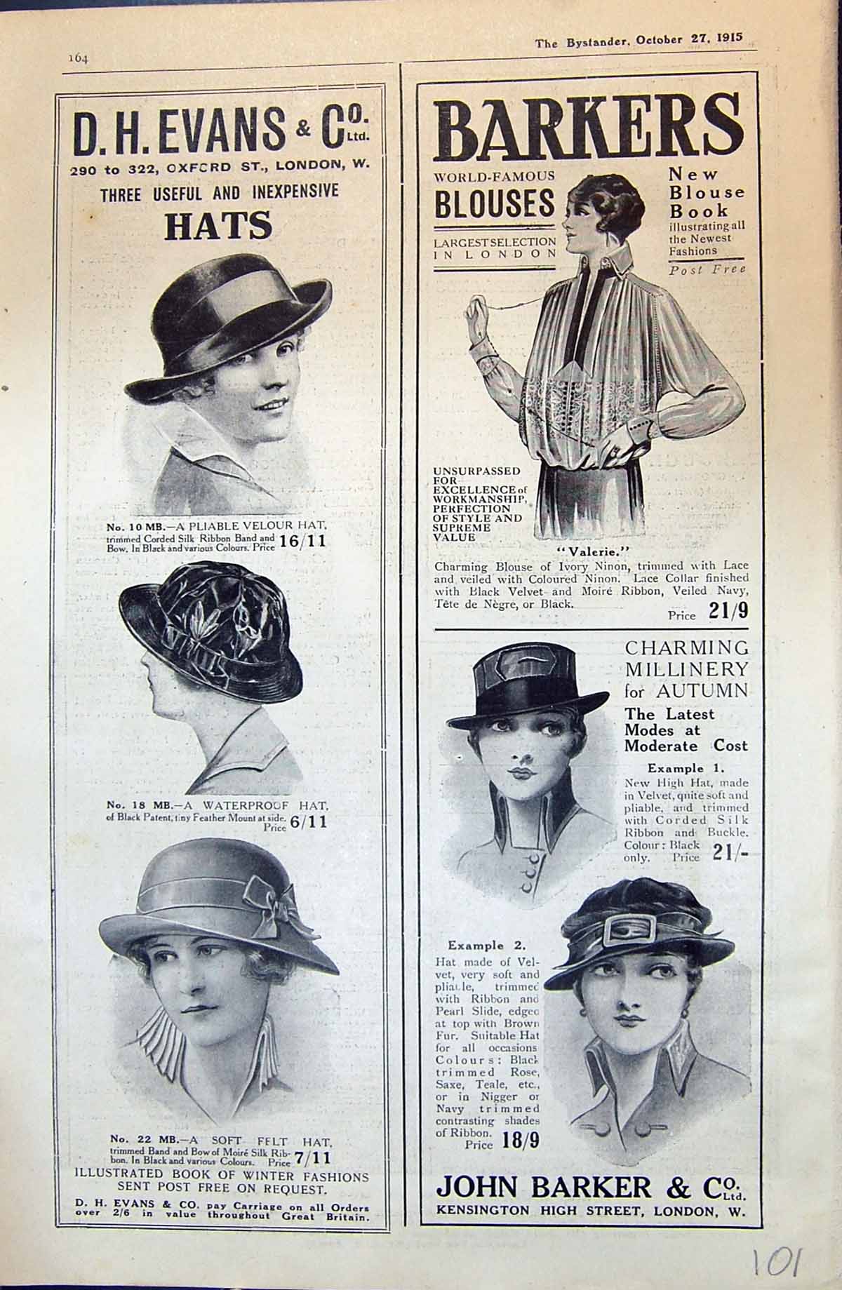 Old 1915 Advertisement Evans Hats Barkers Blouses London Ladies Fashi 20th