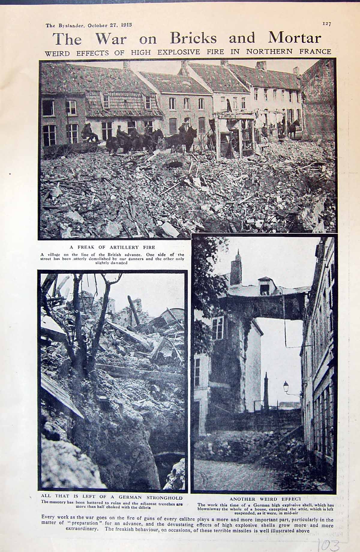 Old 1915 War British Artillery Bombing France Ruins Houses Photograph 20th
