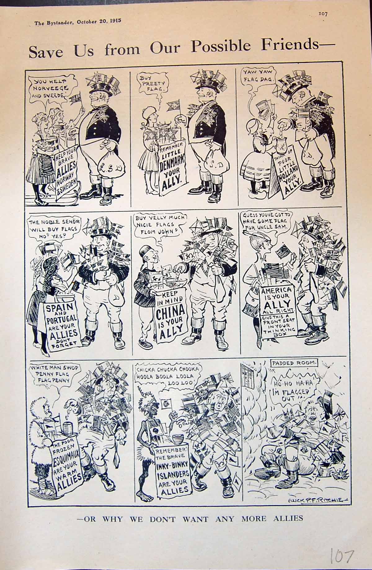 Old 1915 War Story Illustration Flag Street Sellers America Denmark E 20th
