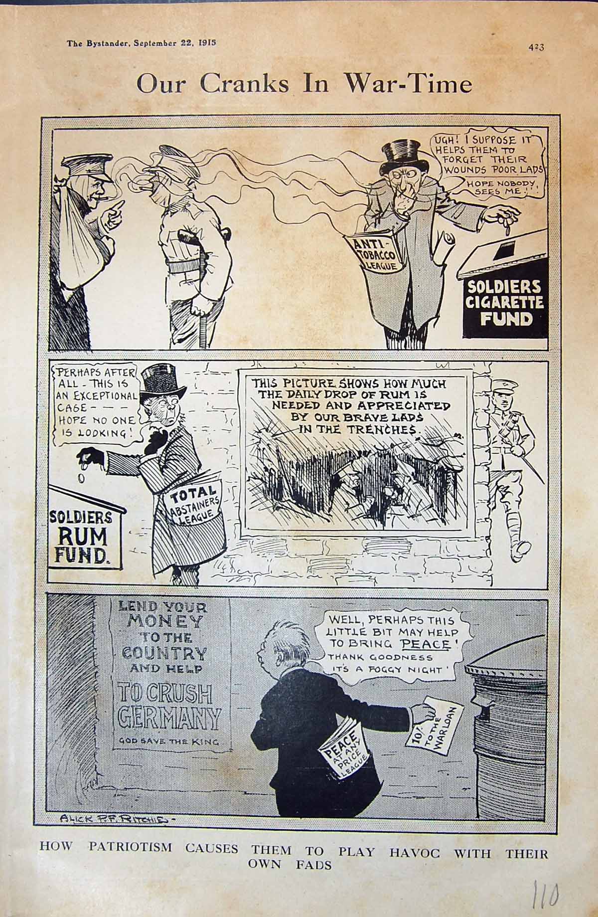 Old Print 1915 War Time Cranks Patriotism Siers Cigarette Rum Fund Comed 20th