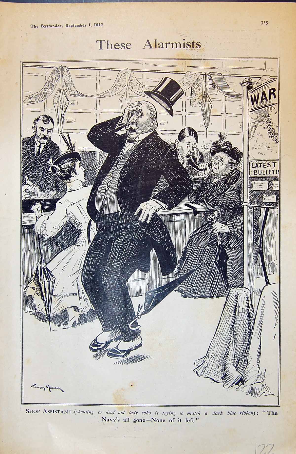 Antique Print Shop Assistant Lady Buying Dark Blue Ribbon Comedy Sketch May