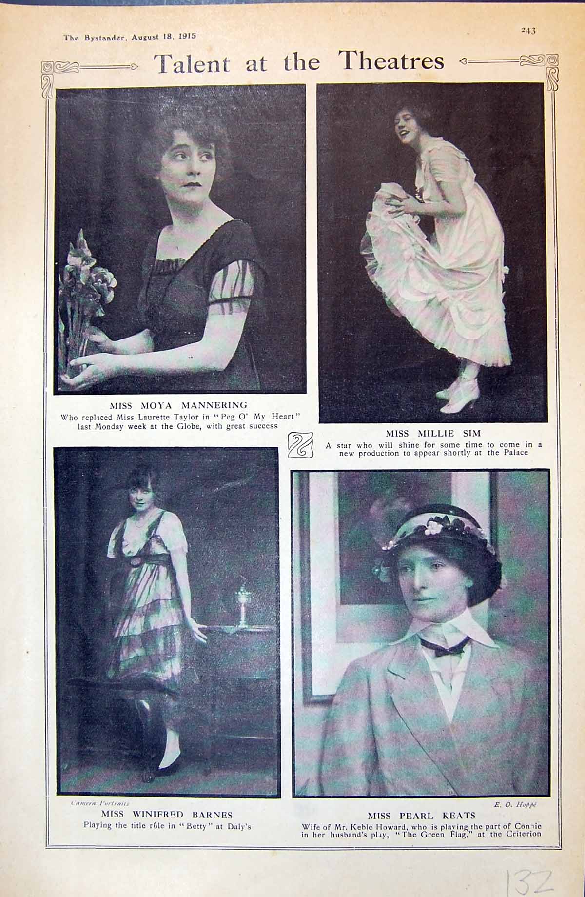 Old 1915 Theatre Actress Moya Mannering Millie Sim Winifred Barnes Pe 20th