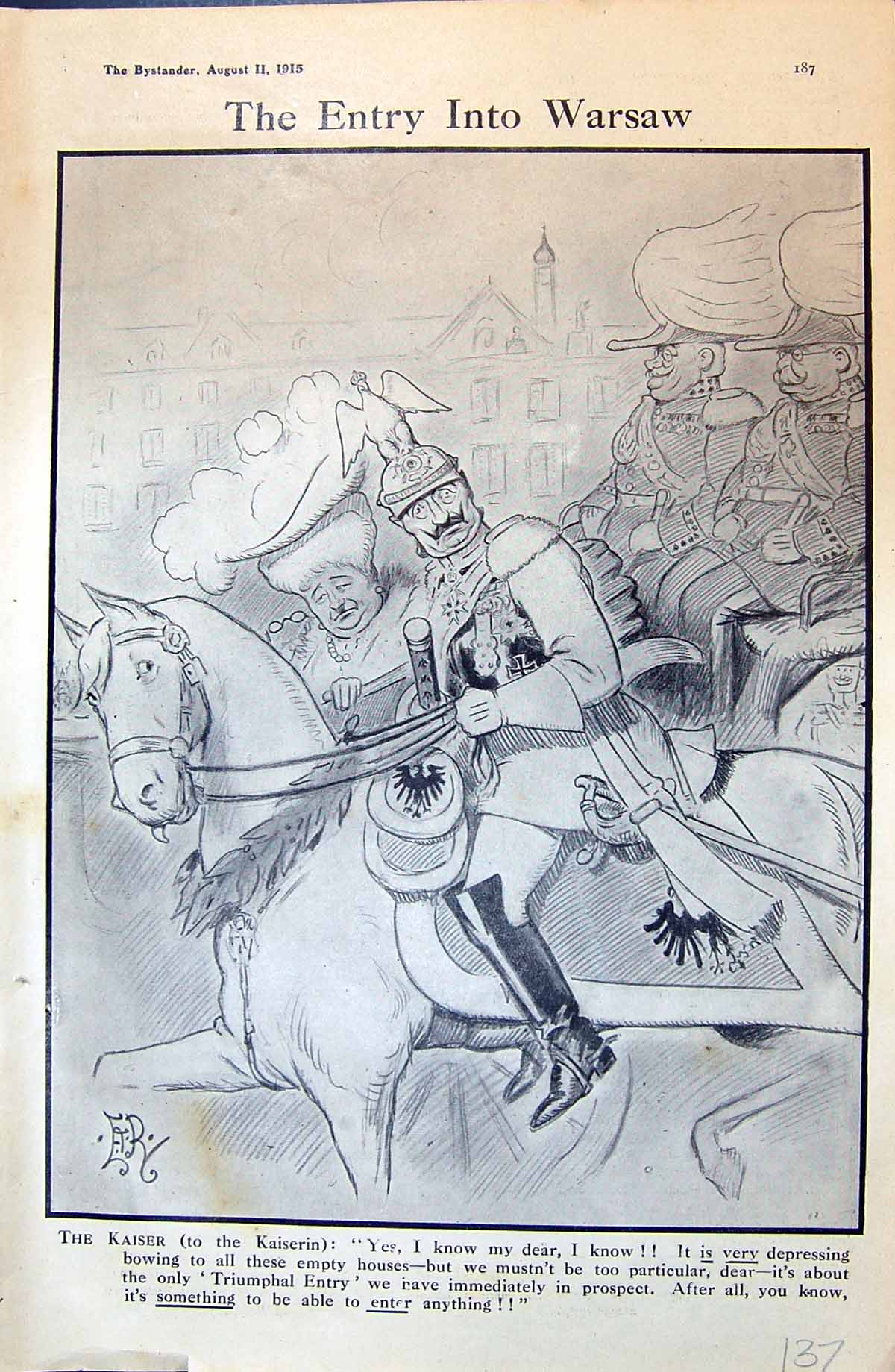 Old Antique Print 1915 War Scene Kaiser Entry Warsaw Poland Horses Siers 20th