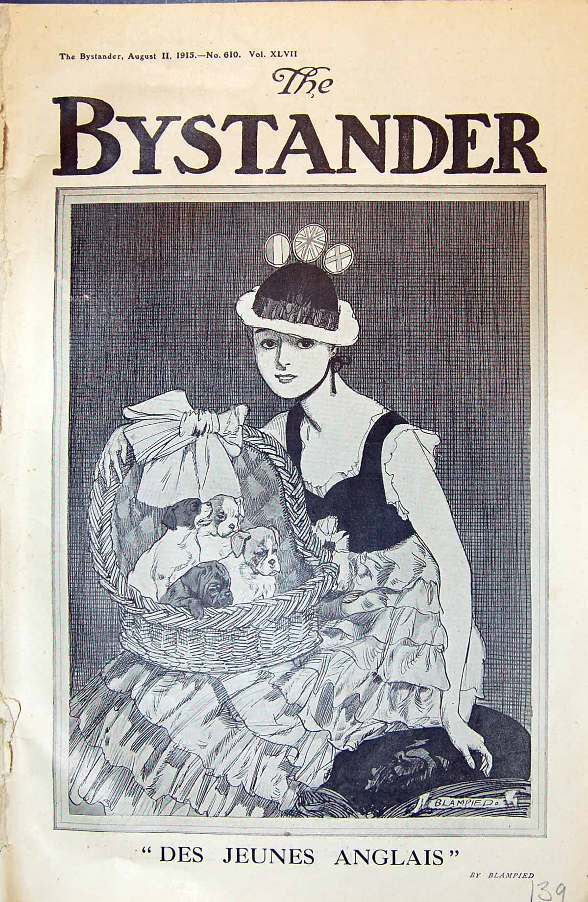 Antique Old Print 1915 Portrait Beautiful Woman Puppy Dogs Basket Blampied 20th