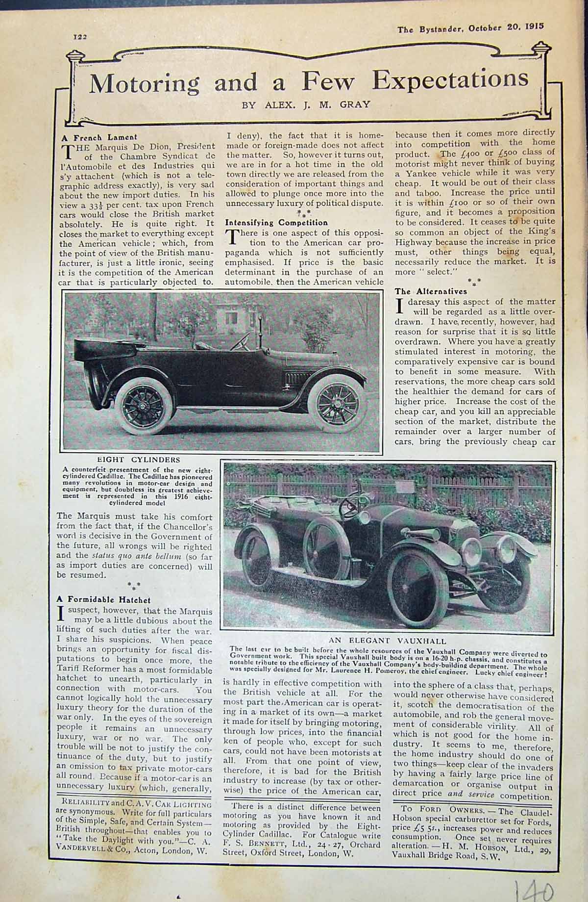 Old 1915 Motor Cars Transport Vauxhall Pomeroy Eight Cylinders Cadill 20th