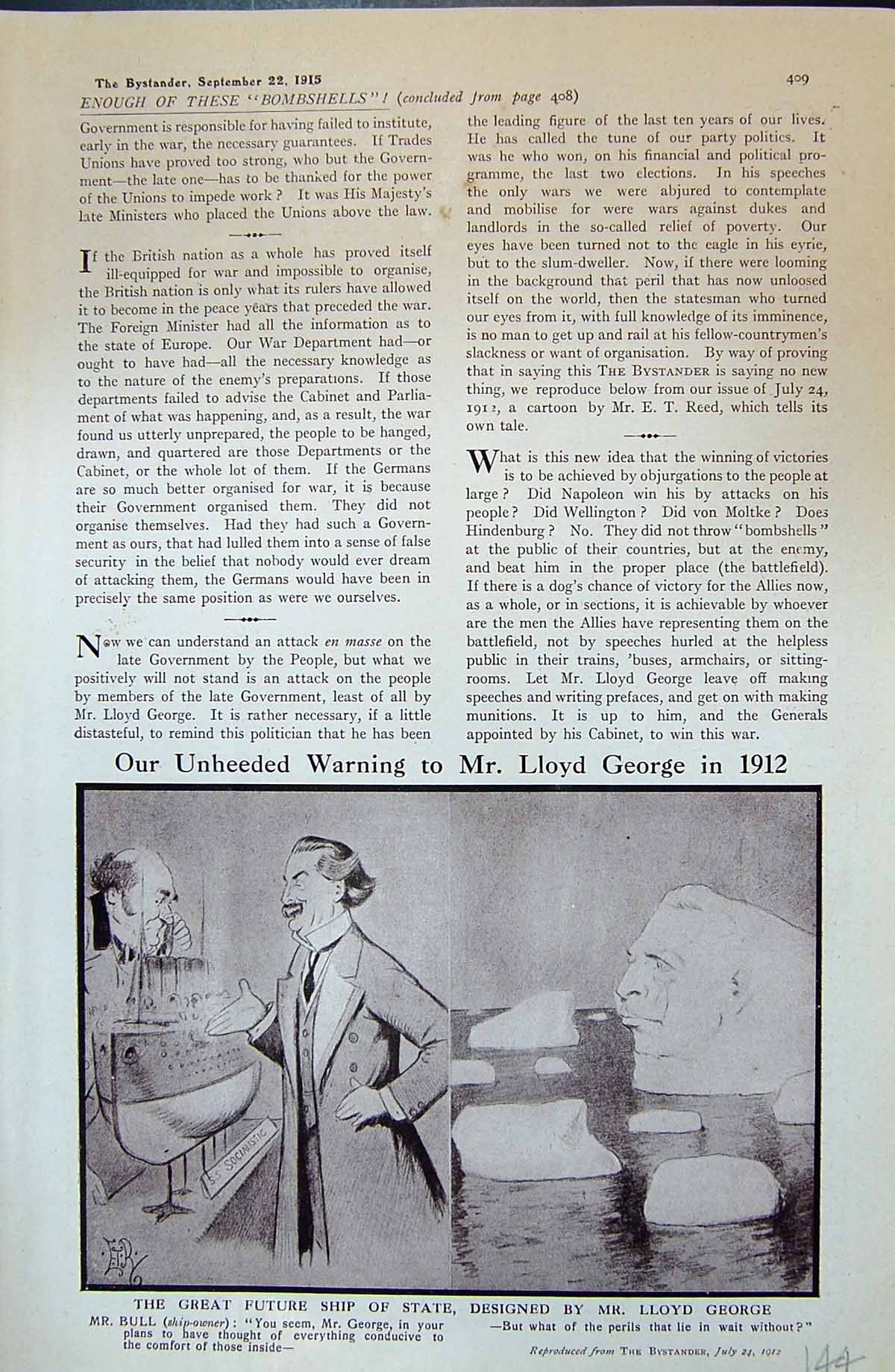 Original Old Antique Print 1915 Lloyd George Mr Bull Model Ship Icebergs Comedy