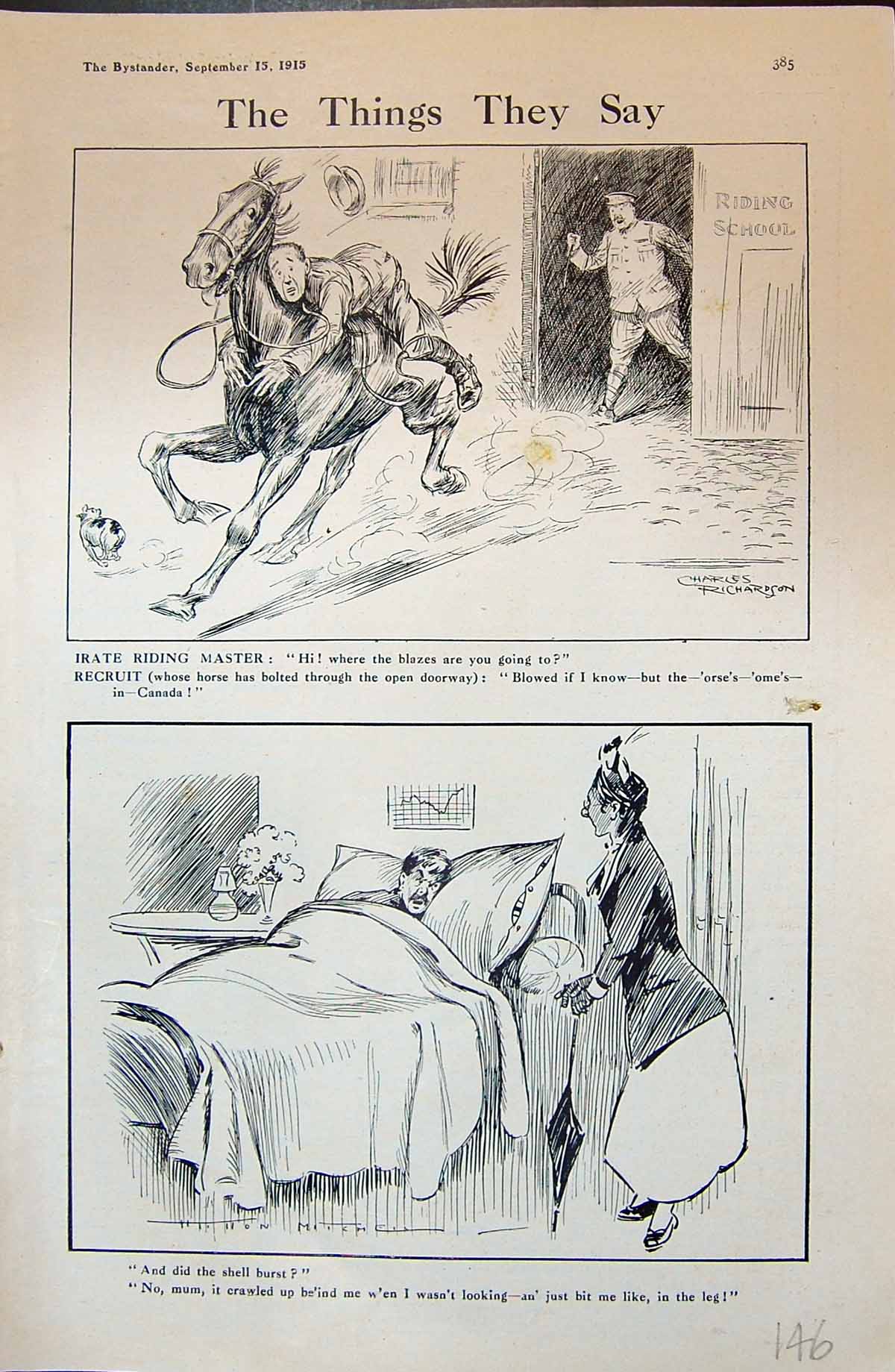 Old Print 1915 Comedy Sketch Man Riding School Horse Sick Man Bed Mother 20th