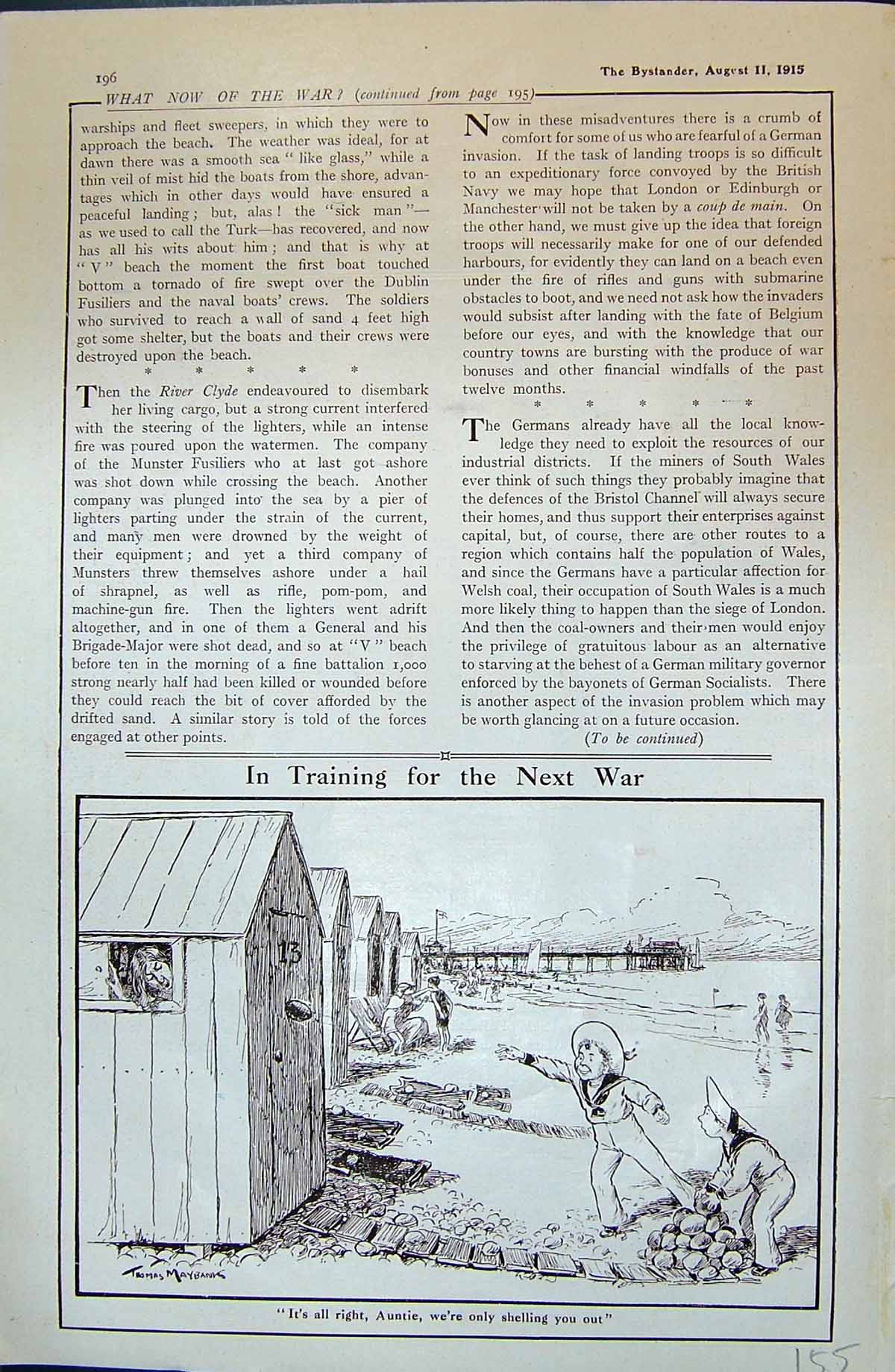 Antique Print 1915 Young Boys Sailors Beach Scene Hut Throwing Stones Aunty