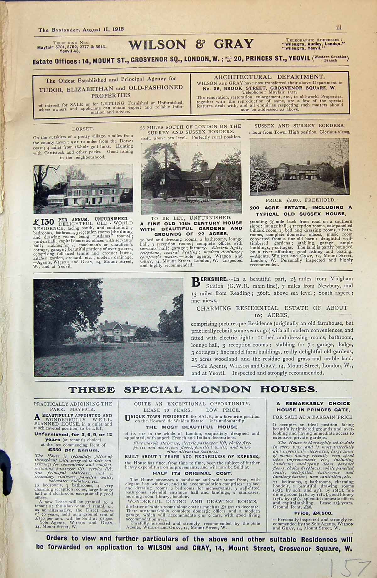 Antique Old Print 1915 Wilson Gray Estate Fices Mount Grosvenor Square London