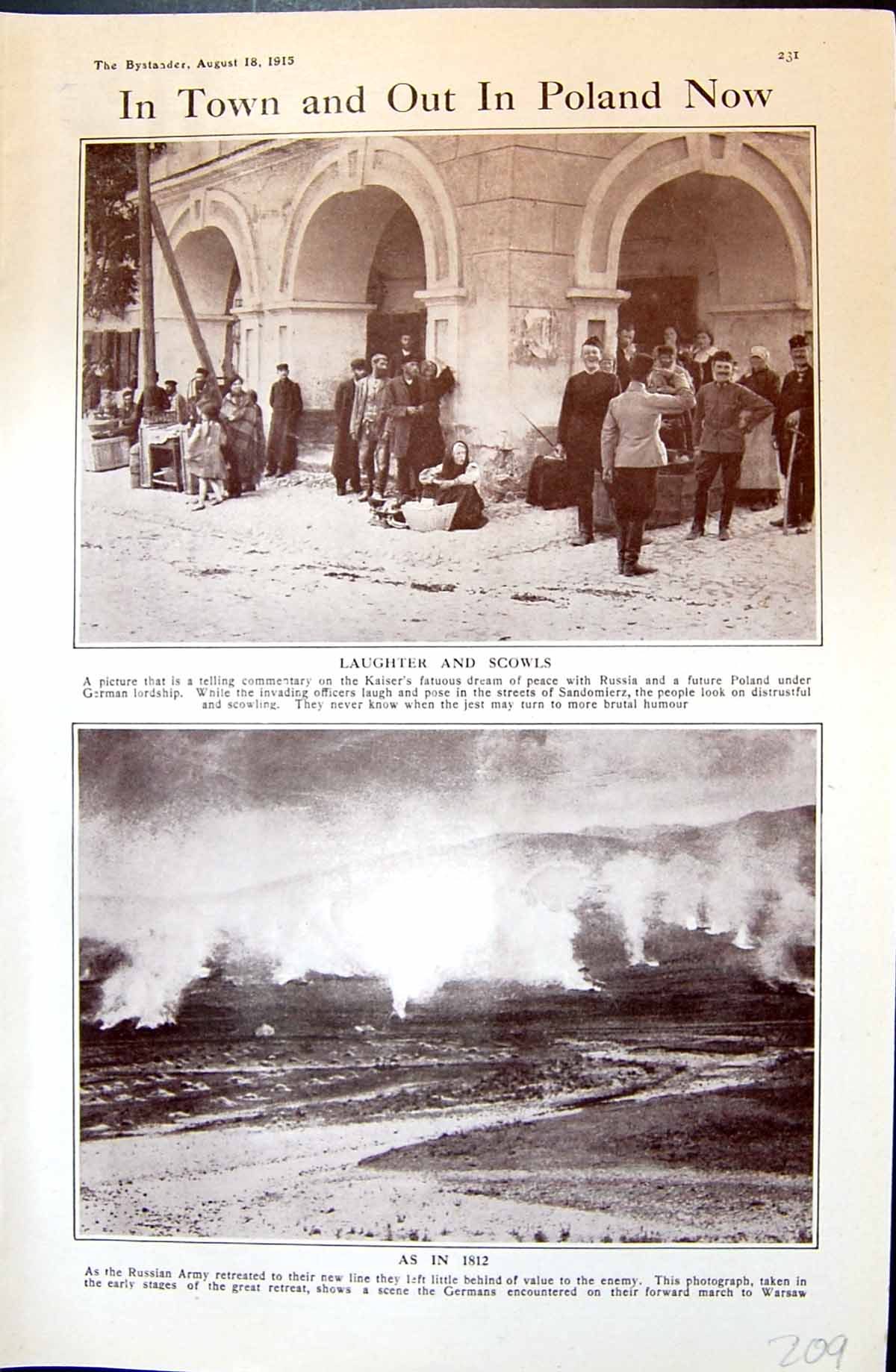 Antique Old Print 1915 Poland Street Scene Sandomierz Russian Army Bystander