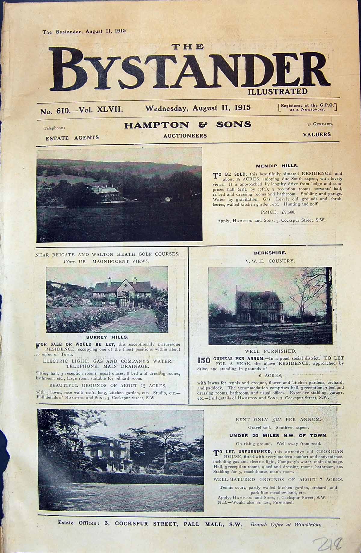Old 1915 Hampton Auctioneers Houses Reigate Surrey Berkshire Knight F 20th