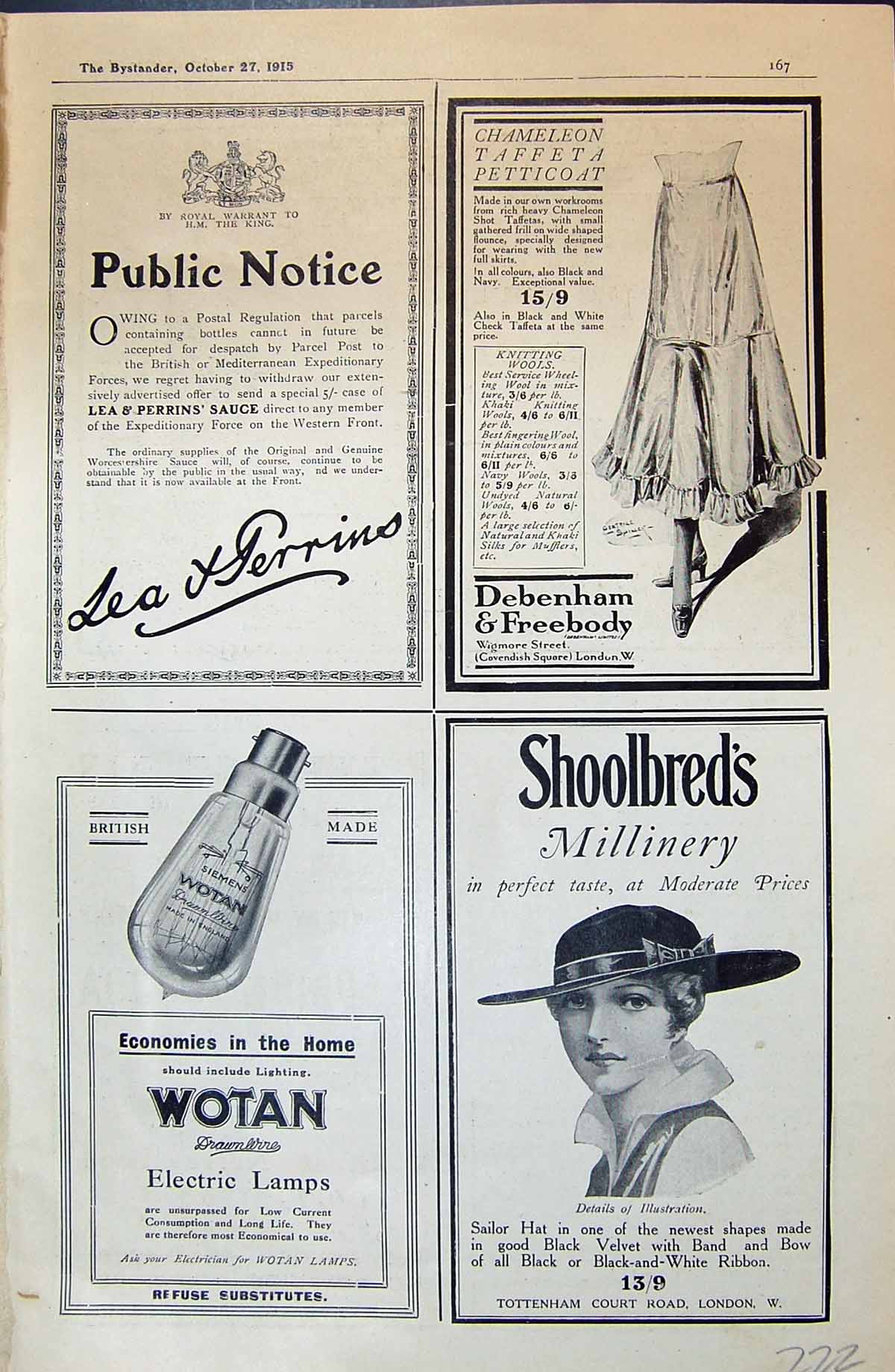 Antique Old Print 1915 Lea Perrins Debenham Shoolbred Wotan Harrods Allports