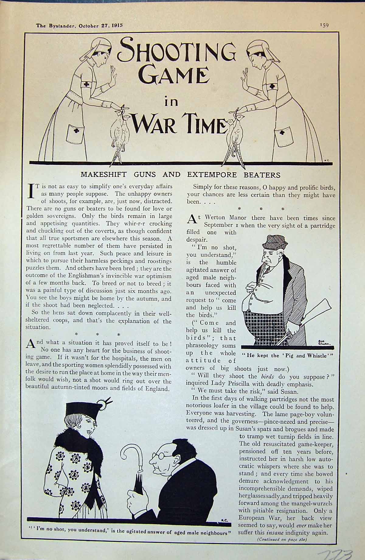 Original Old Antique Print 1915 Shooting Game War Time Guns Lady Children 20th