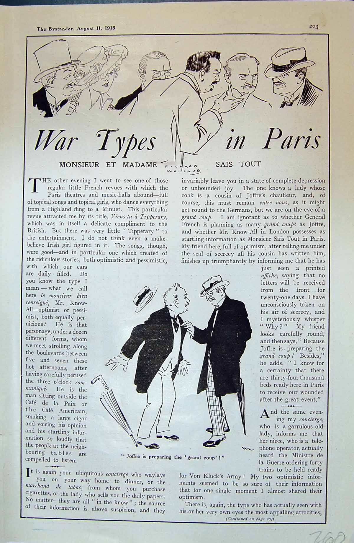 Antique Old Print 1915 Paris War Types Men Arguing Lady Cook Ministre Guerre