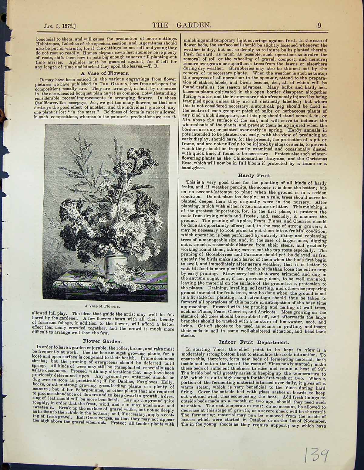 Original Old Antique Print Garden 1878 Vase Flowers 19th Century