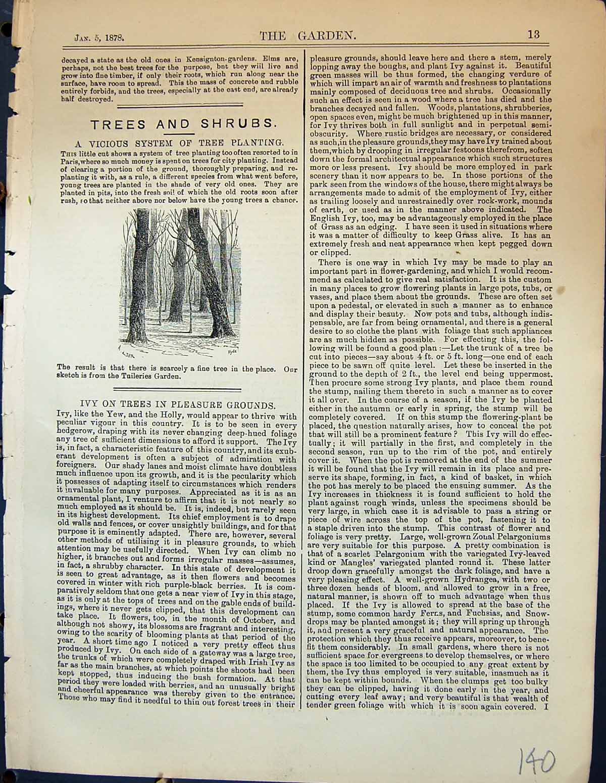 Original Old Antique Print Vicious System Tree Planting Garden 1878 Victorian
