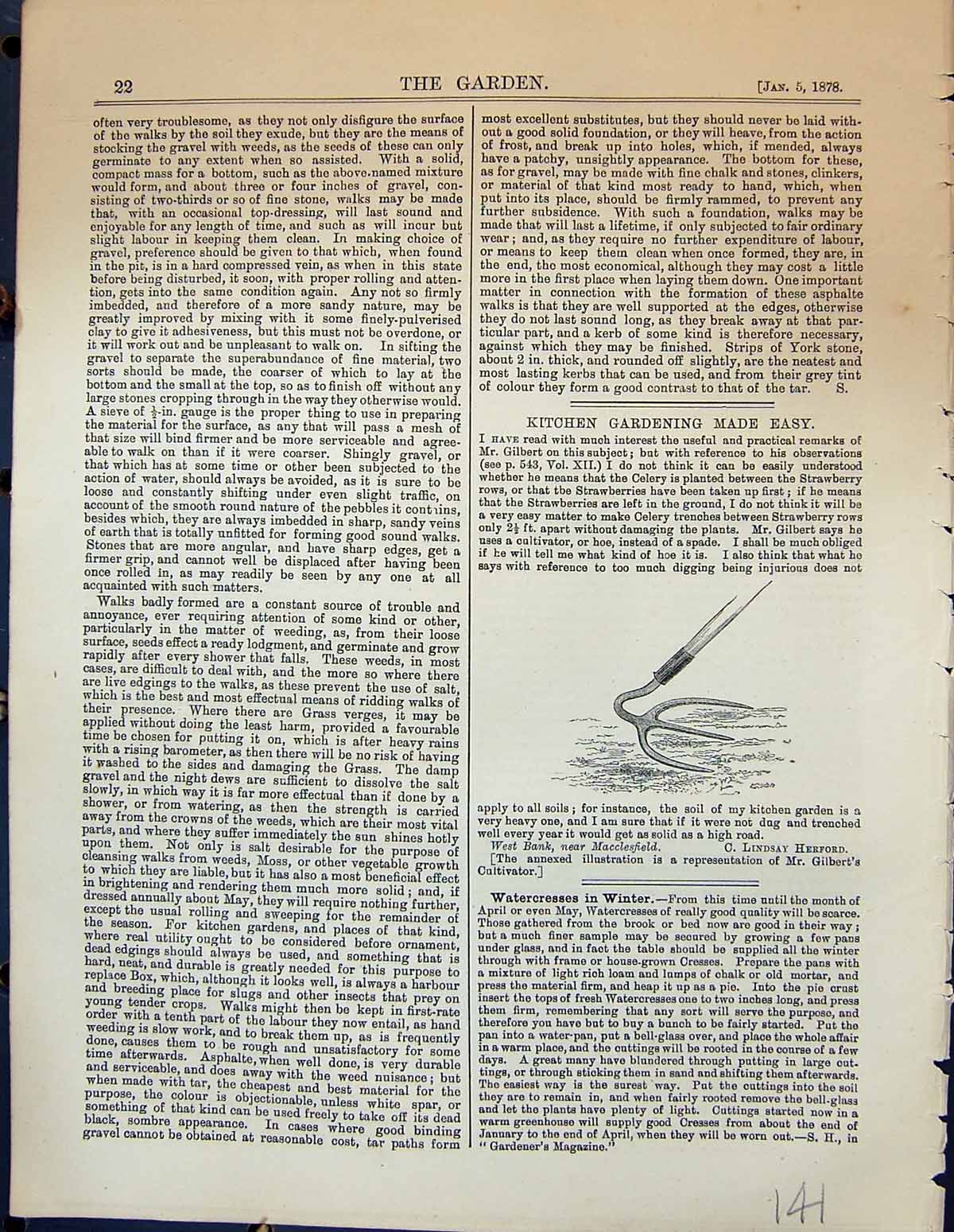 Original Old Antique Print Kitchen Gardening Gilbert Cultivator Hoe Garden 1878