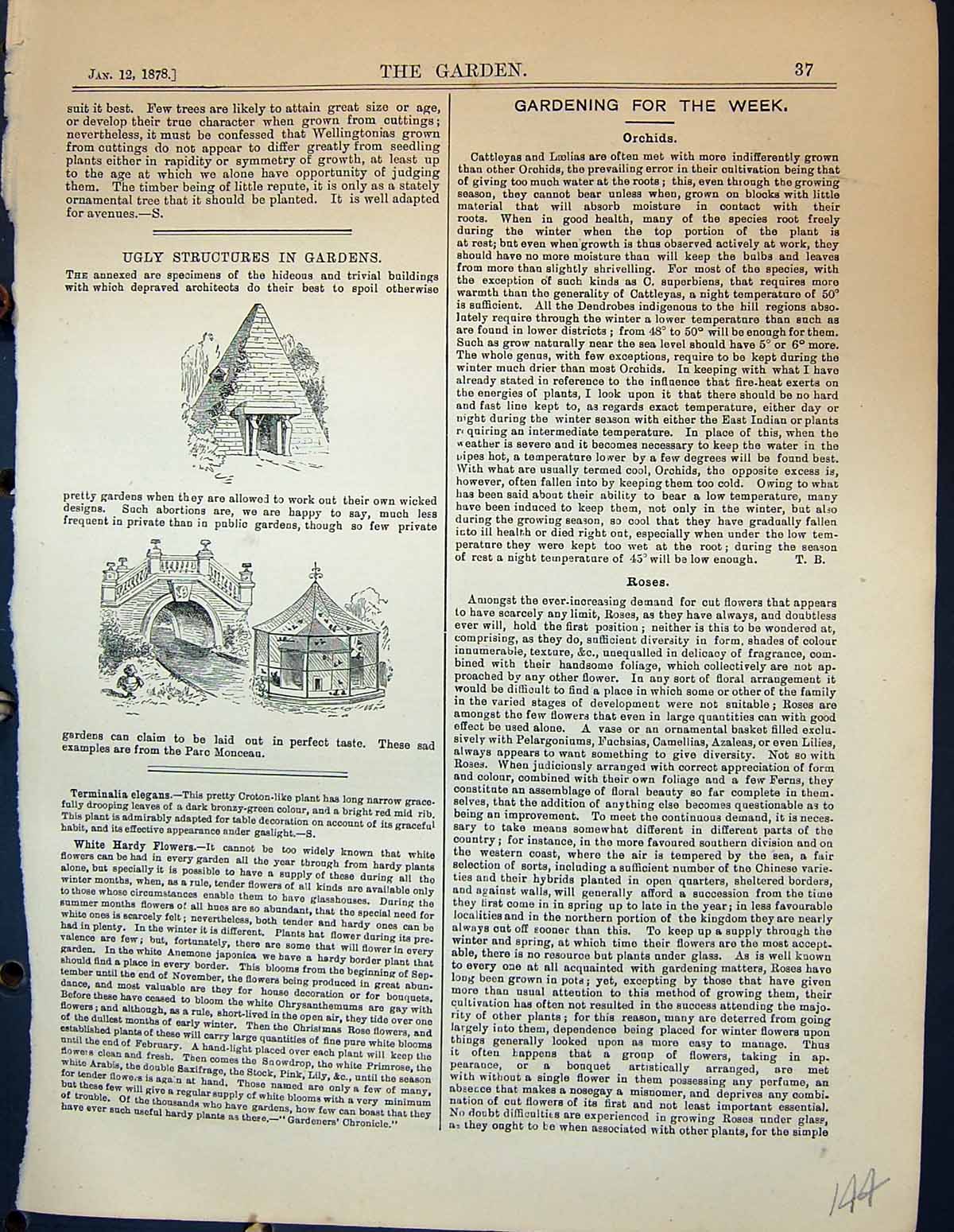 Original Old Antique Print Ugly Structures Gardens 1878 Parc Monceau Victorian