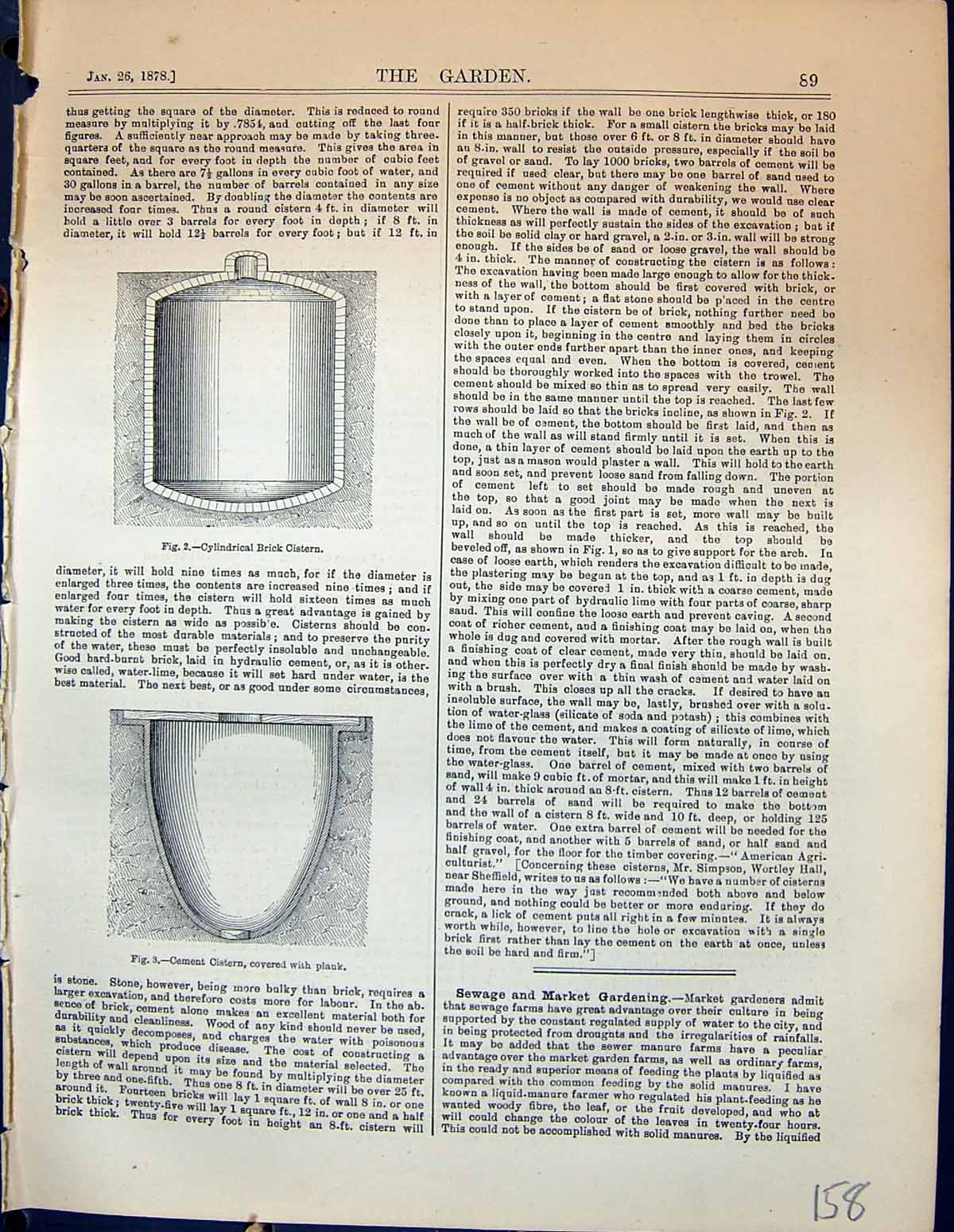 Original Old Antique Print Cylindrical Brick Cistern Cement Plauk Garden 1878