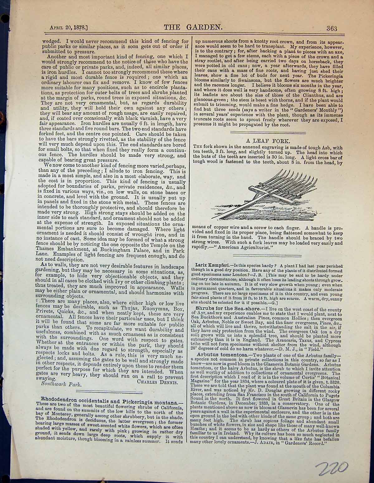 Original Old Antique Print Leaf Fork Agriculture Tool Garden 1878 Victorian