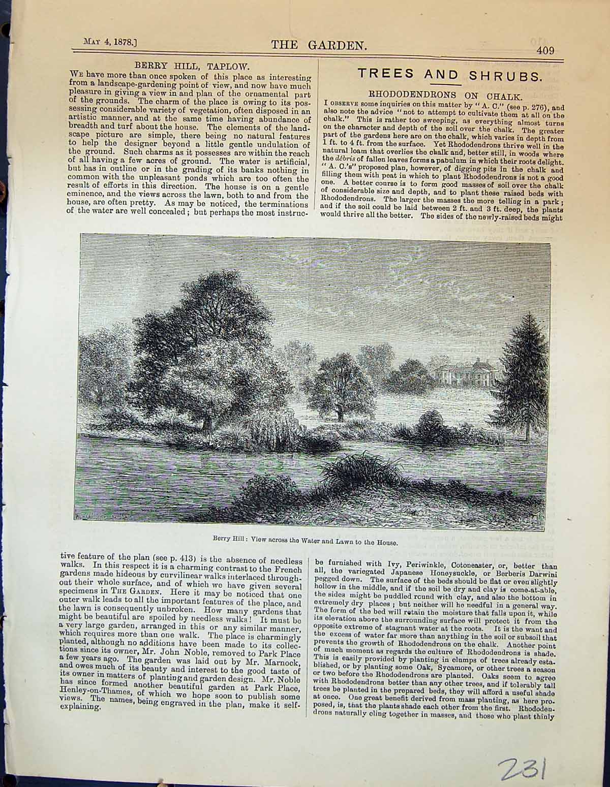 Original Old Antique Print Berry Hill Water Lawn House Trees Garden 1878 19th