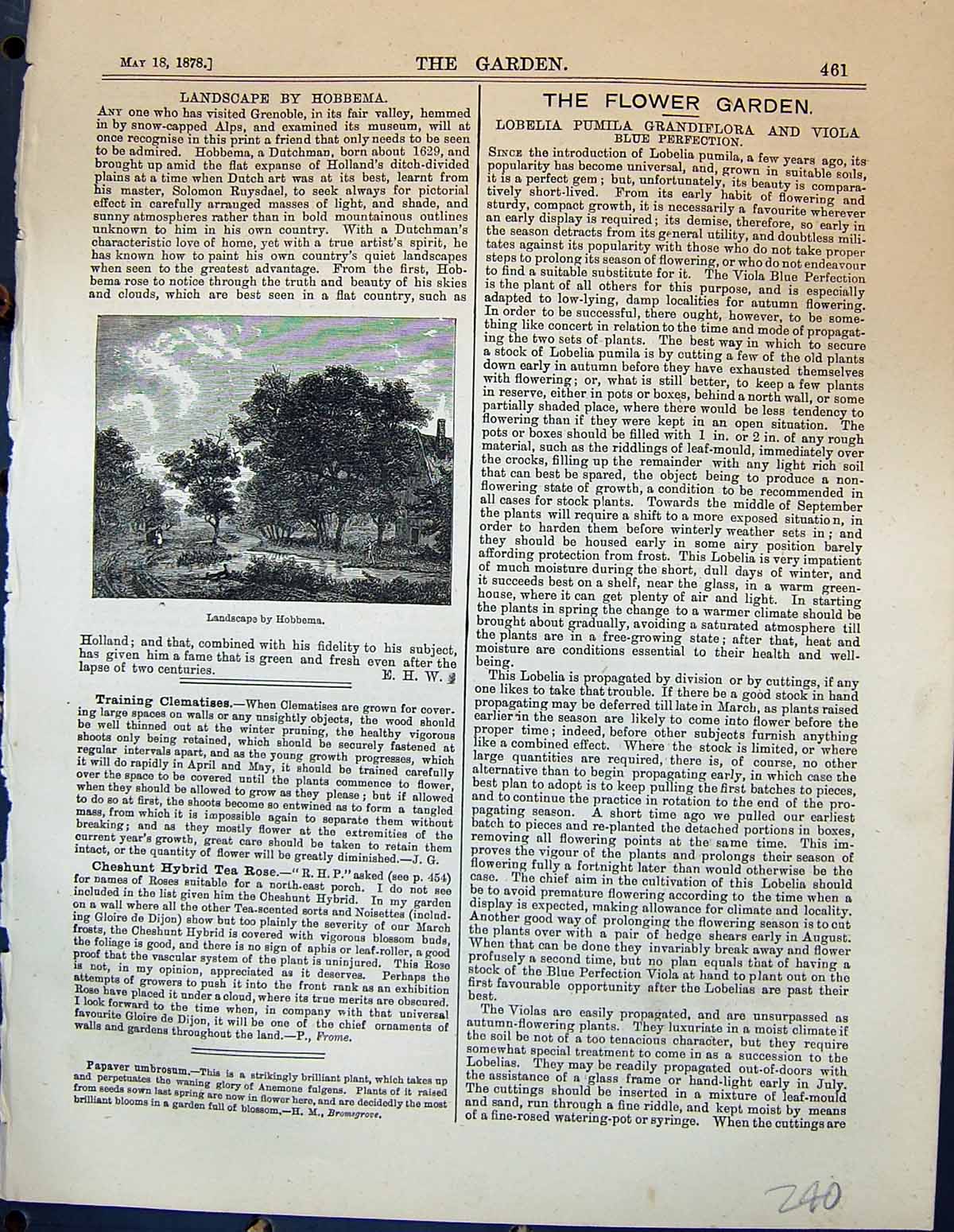 Original Old Antique Print Landscape Hobbema Trees Nature Garden 1878 Victorian