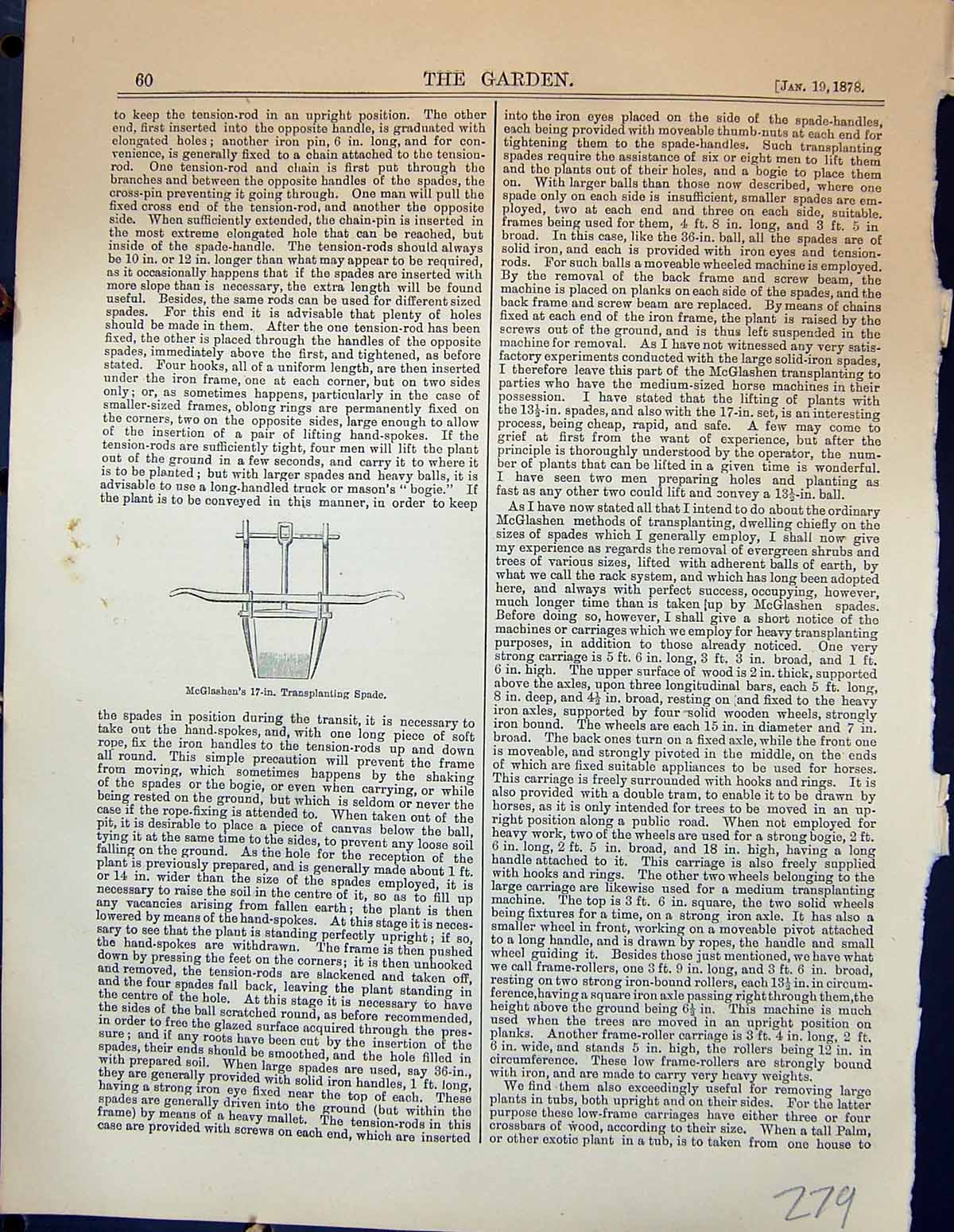 Antique Old Print Garden 1878 Mcglashen Transplanting Spade Iron Frame Trees