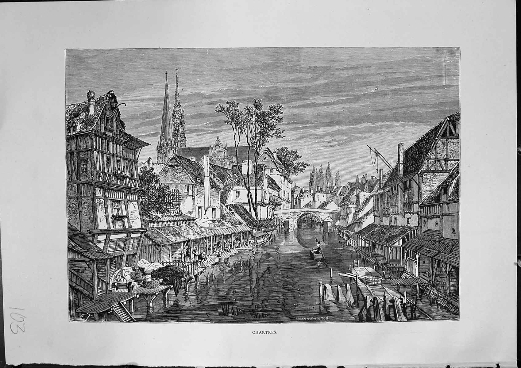 Original Old Antique Print Street Houses Chartres Architecture Furber 1882 19th