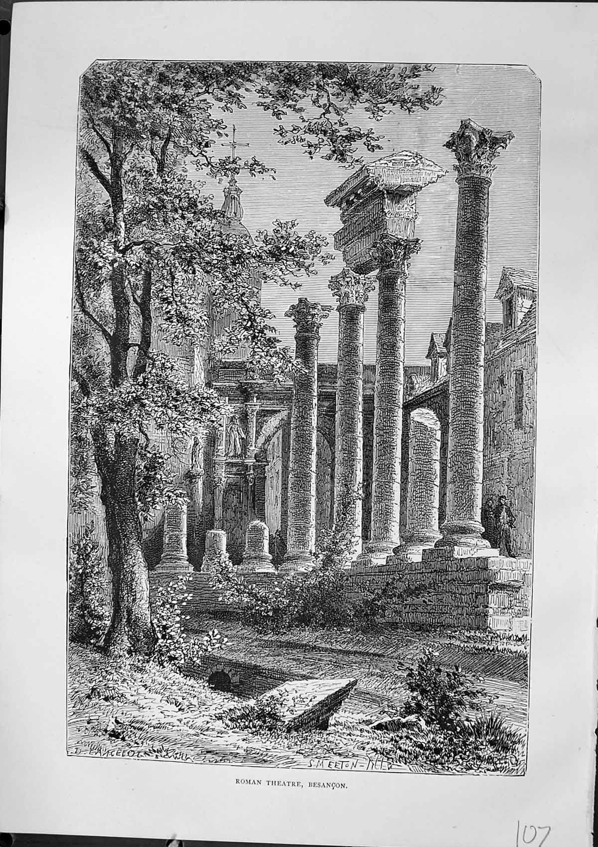 Original Old Antique Print Architecture Roman Theatre Besancon Furber 1882 19th