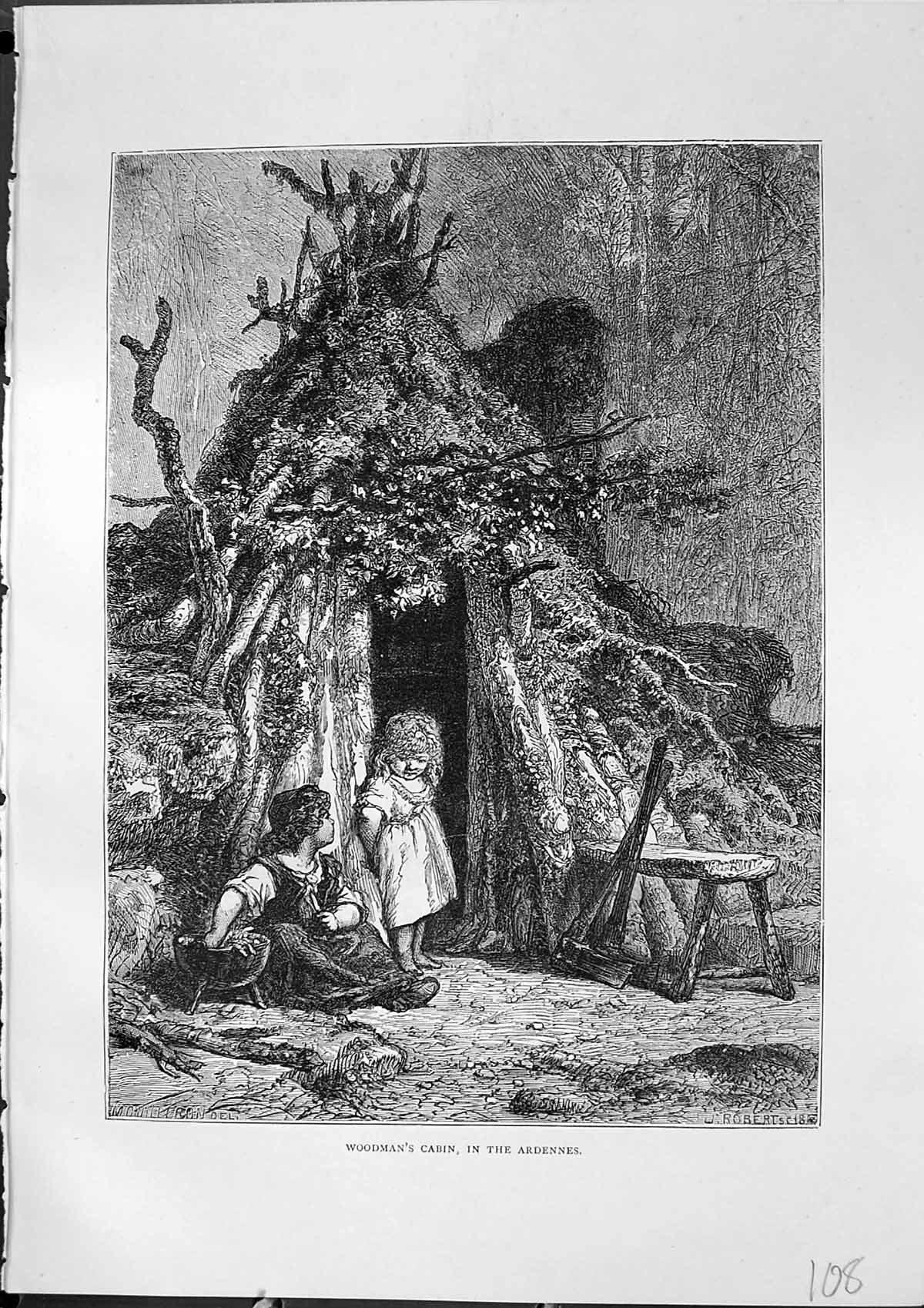 Original Old Antique Print Woodman'S Cabin Ardennes Children Furber 1882 19th